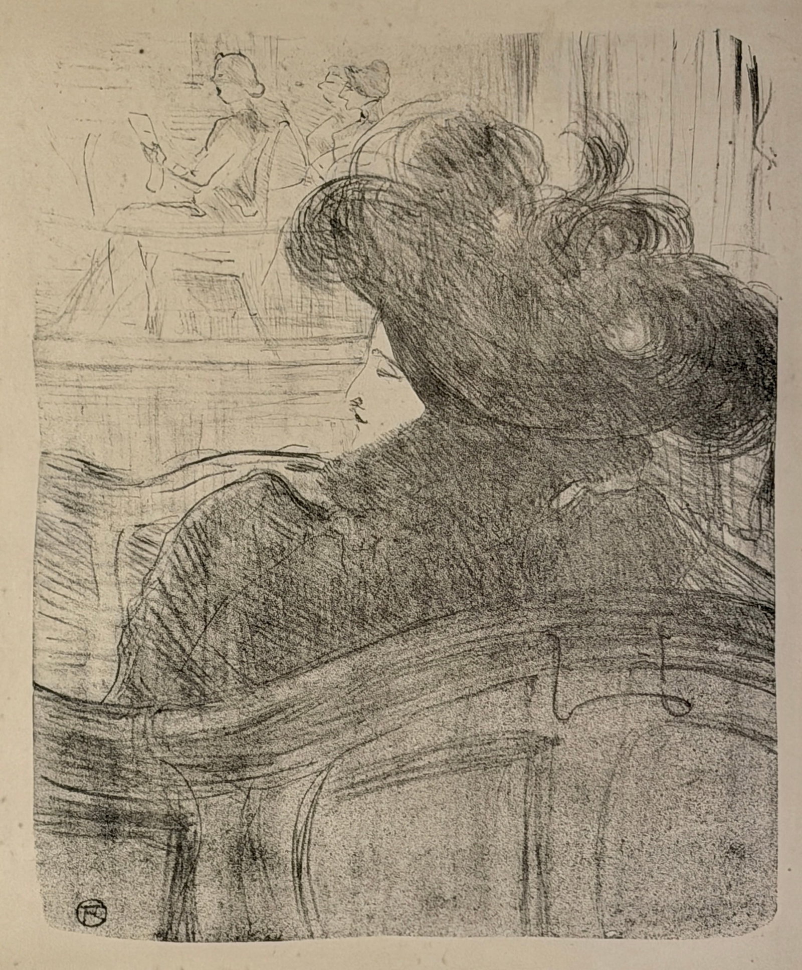 Henri de Toulouse-Lautrec (French, 1864-1901): Lithograph titled Cleo de Merode (1898). Signed in plate with the artists chop mark, nicely matted and framed. Plate size: 11.5" ht. x 9.5", framed size: 19.25" ht. x 17.25" wd.