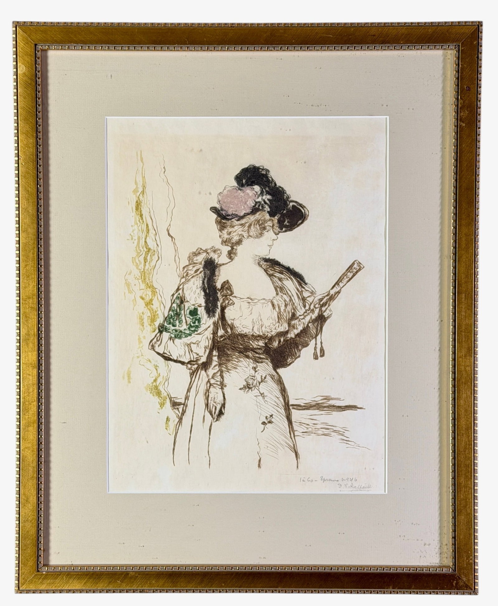 Jean-Francois Raffaelli Lithograph: Lithograph titled L'actrice en scene (1898). Signed in graphite by the artist to the lower right. Housed in a gilt frame and matted. Sight size: 14" ht. x 10.5" wd., framed size: 21.5" ht. x 17.5" wd.