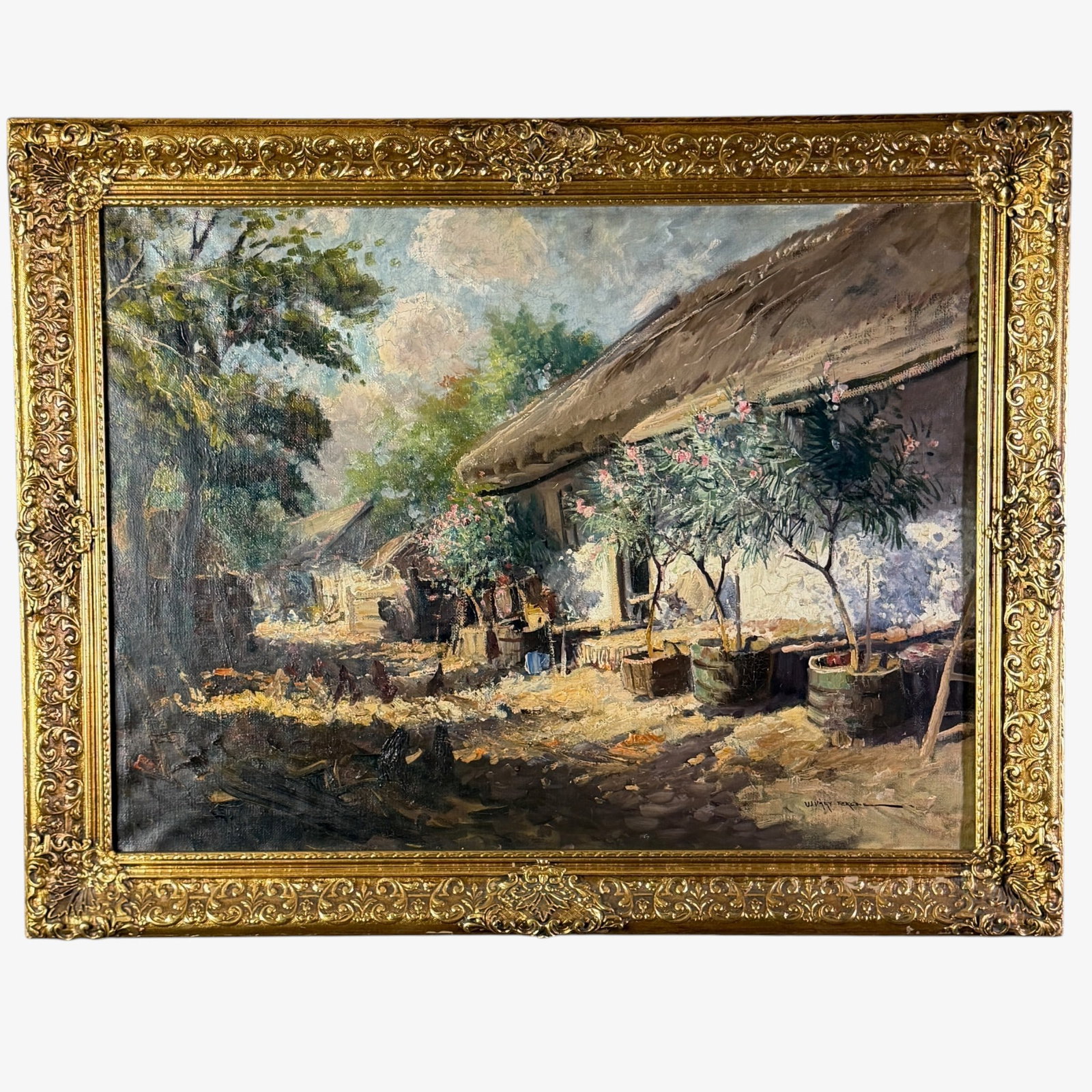 Ferenc Ujvary (Hungarian, 1898-1971): Oil on heavy burlap canvas. A rural cottage with thatched roof and potted trees. Signed lower right. 23" x 31" (sight); 30" x 37" (frame).
