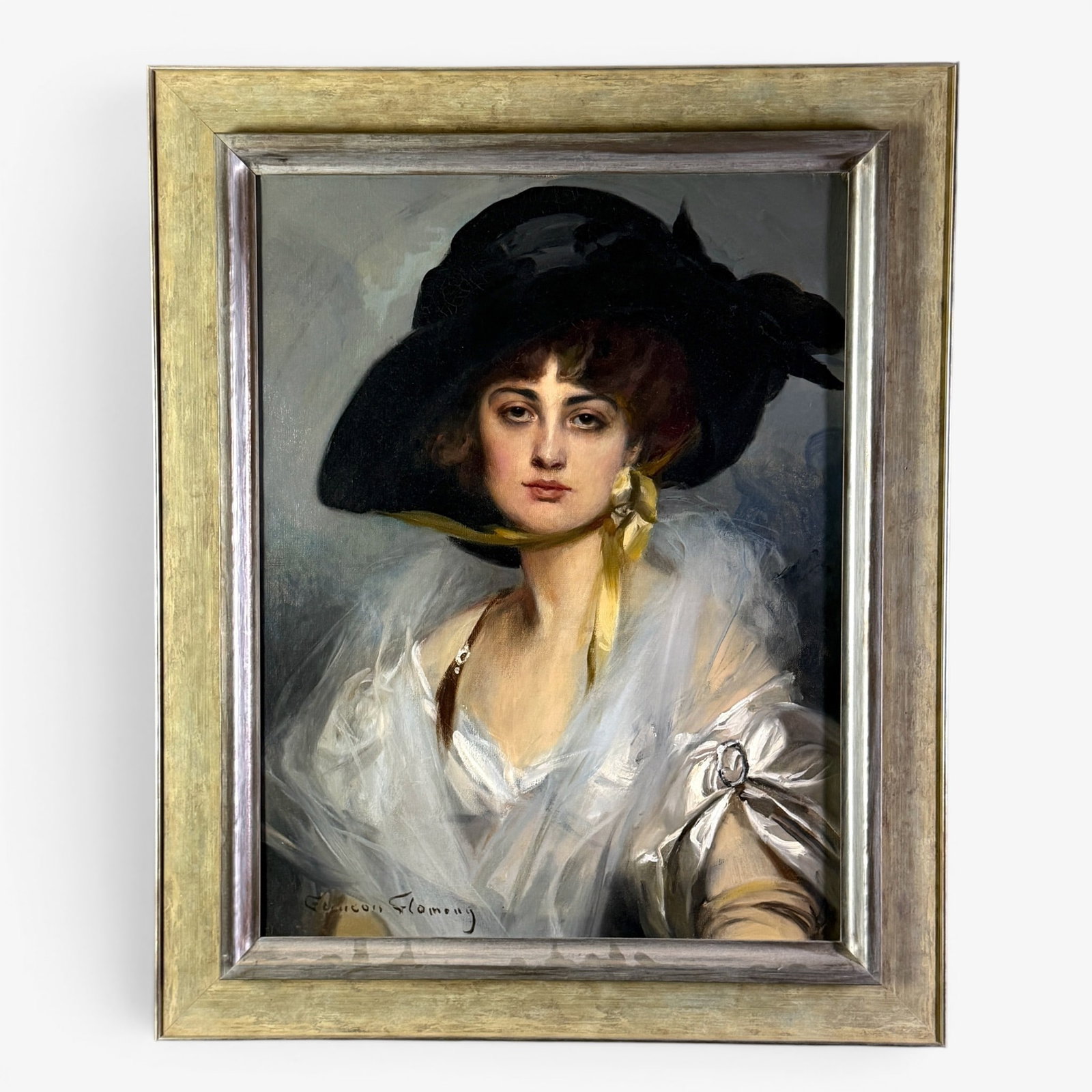 Francois Flameng (1856-1923), Portrait: Oil on canvas. Half-length portrait of a socialite, in lace, silk and fancy hat. Signed lower left. 27" x 20 1/2" (sight); 34" x 28" (frame)