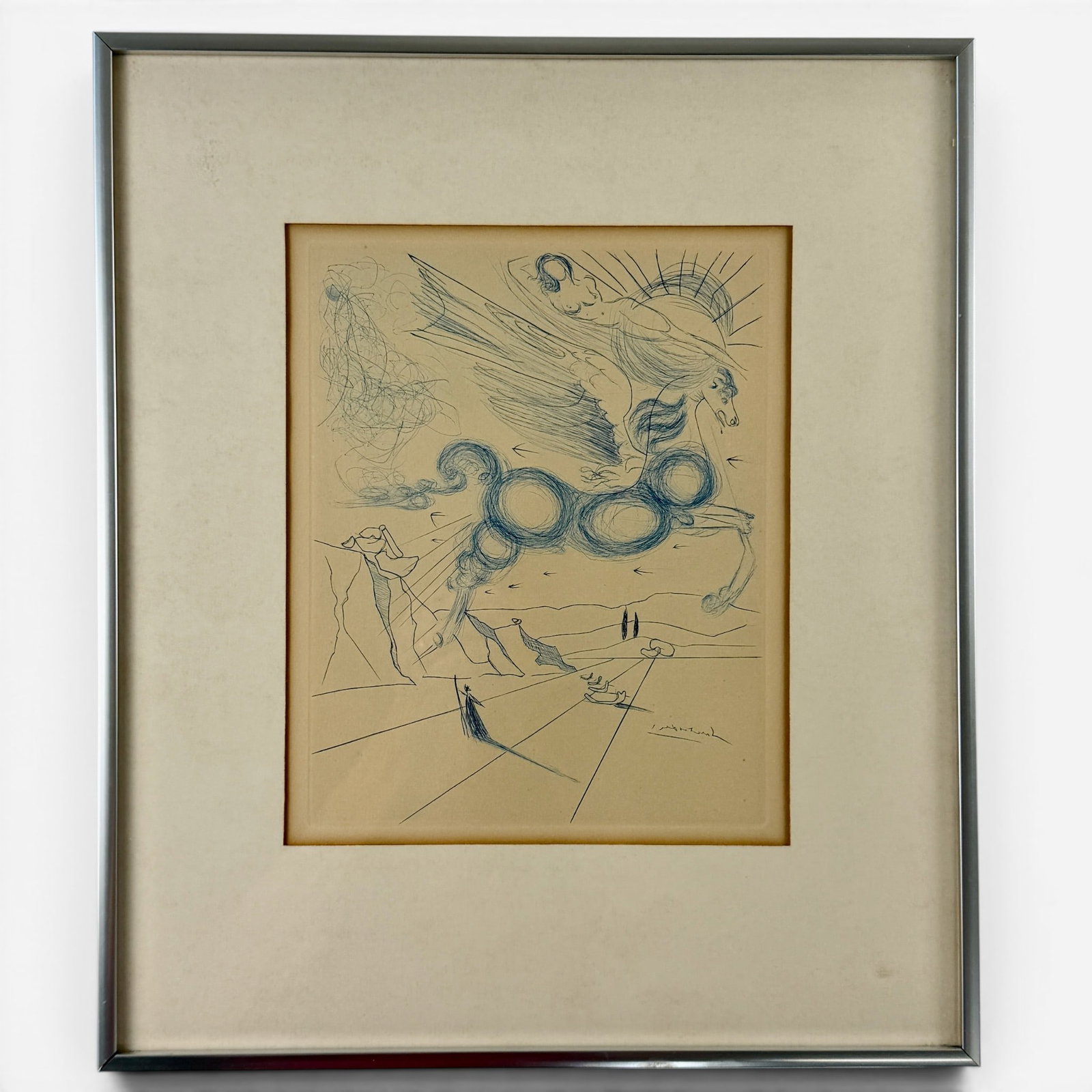 Dali Etching, Pegasus in Flight with Angel: Etching in blue ink, to cream paper. 1970. Signed in plate, lower right. 10 1/4" x 8" (plate); 18" x 15 1/2" (frame)