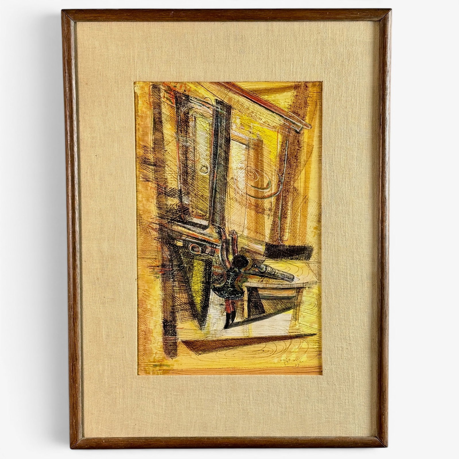 Ulfert Wilke (American, 1907-1987): Abstract composition of a woman hanging from a window ledge, signed to the lower right by Wilke and dated 1947. Pastel, ink and watercolor on paper. Sight size: 17.5" ht. x 11" wd., framed size: 26"