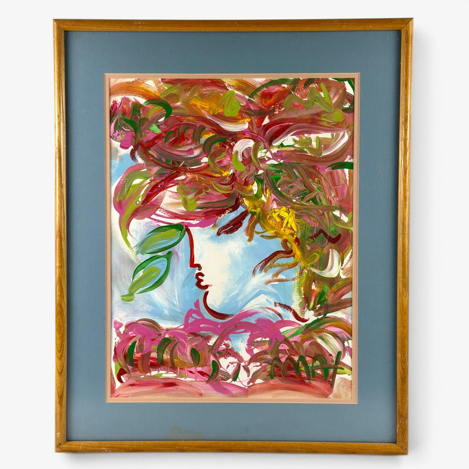 Peter Max ()1937-) mixed media on paper.: Peter Max (1937- ) mixed media on paper, profile of woman with flowers in her hair. Signed lower right. Sight size 18 1/4 by 14 inches. With mat and frame, side is 24 7/8 by 20 3/4 inches. Under