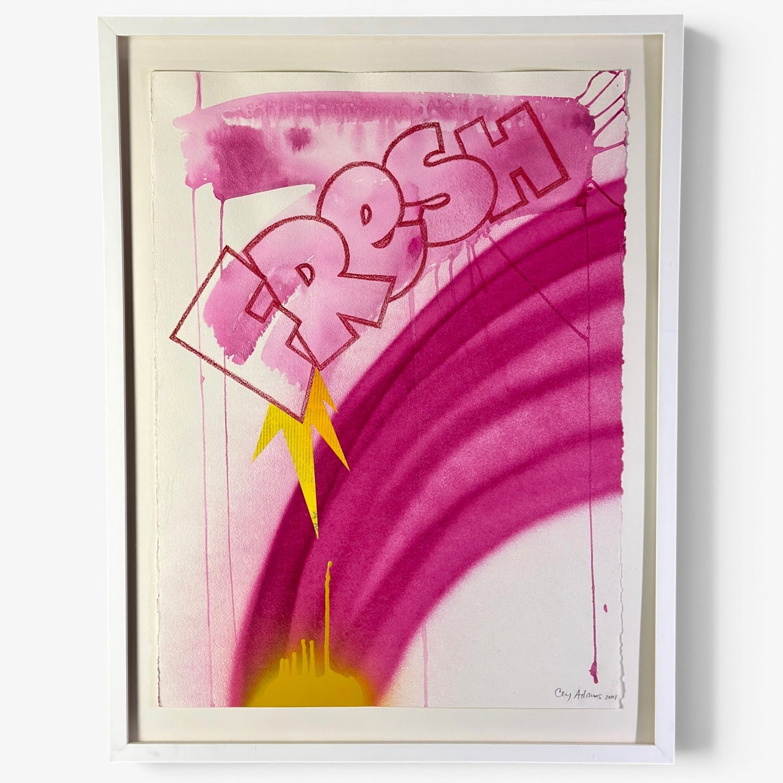 Isaac "Cey" Adams oil on paper with collage, "Fresh.": African American artist Isaac "Cey" Adams (1962 -) New York oil on paper with collage entitled "Fresh." Signed lower right and dated 2014. A small piece of newspaper is used in the center of the