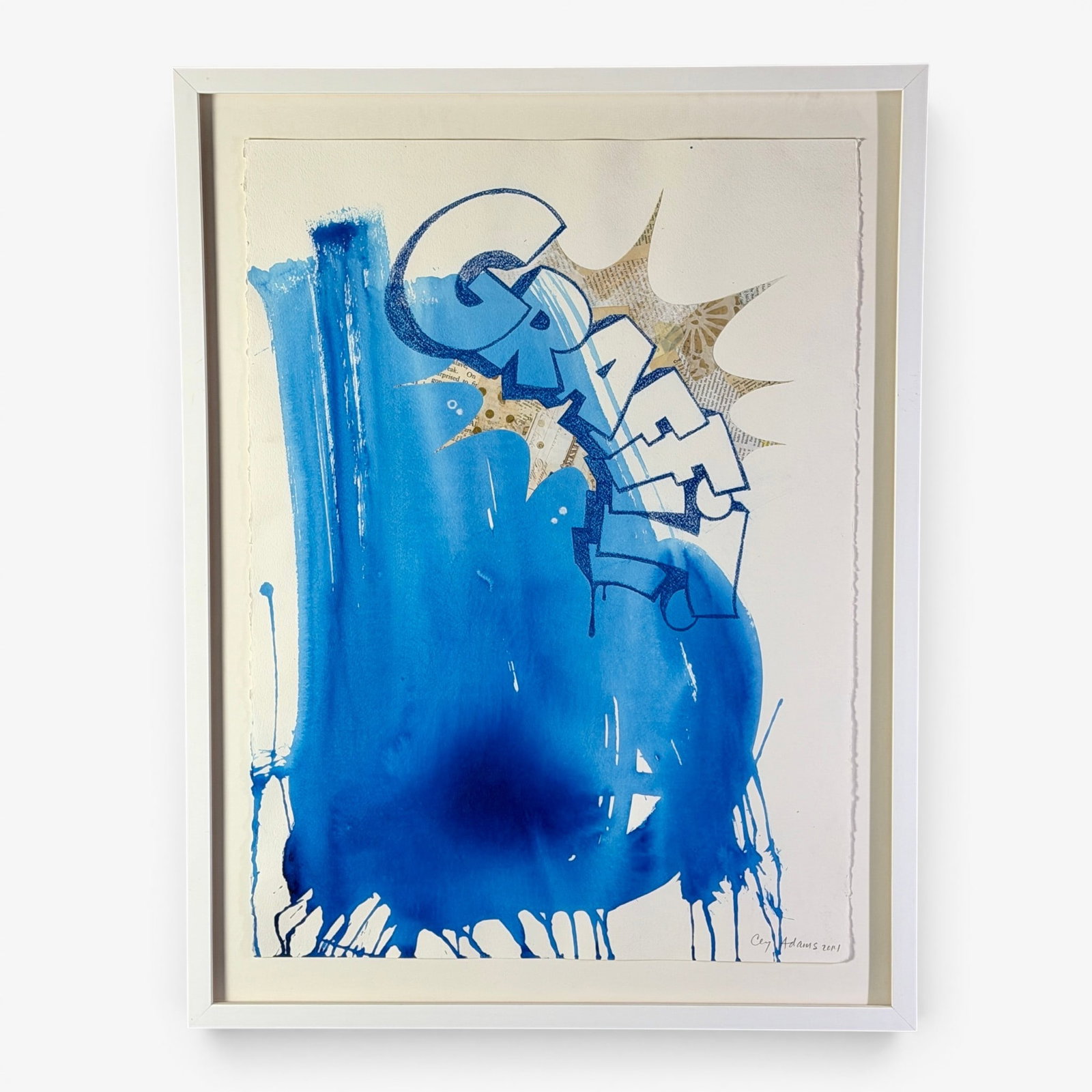 Isaac "Cey" Adams oil on paper with collage, "Graffiti.": African American artist Isaac "Cey" Adams (1962 -) New York oil on paper with collage entitled "Graffiti." Signed lower right and dated 2014. Small pieces of newspaper are used on either side of the