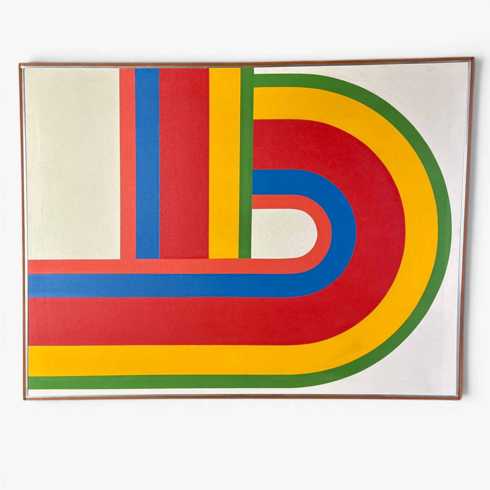 Oil on canvas, 5 color Rainbow, possibly by Bruce Crow.: Boldly painted five color rainbow, an oil on canvas possibly by Bruce Crow whose name appears on the stretcher in pencil. No signature on the front and housed in a metal and wood frame. Sight size 29 