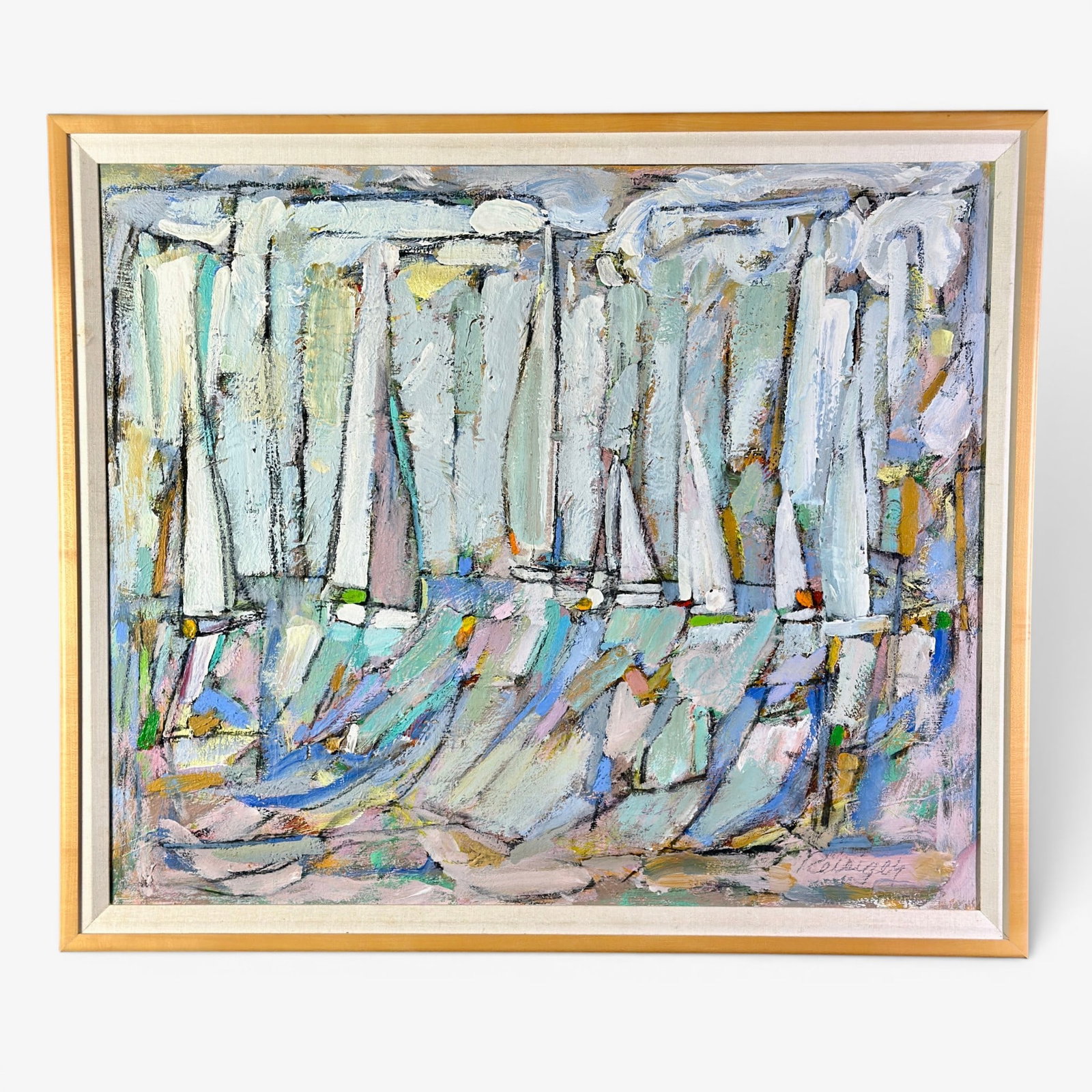 Harry Reisiger Oil on Canvas Abstract Expressionist Work: A large oil on canvas by Reisiger, signed to the lower right. Abstract expressionist work on canvas depicting sailboats on the water. Titled "But Winds were Calm" with artists label on verso. Sight si