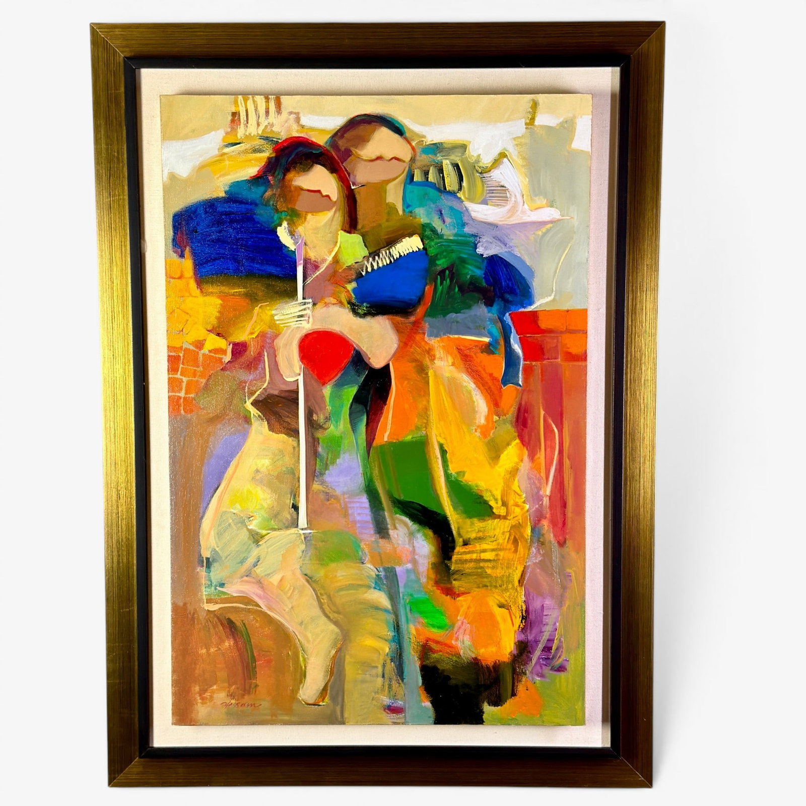 Hessam Abrashimi (Iranian, b. 1951): Oil on canvas titled "Autumn Love". Signed to the lower left and signed and titled on verso. Sight size: 36" ht. x 24" wd. Framed size: 44.5" ht. x 32.5" wd.