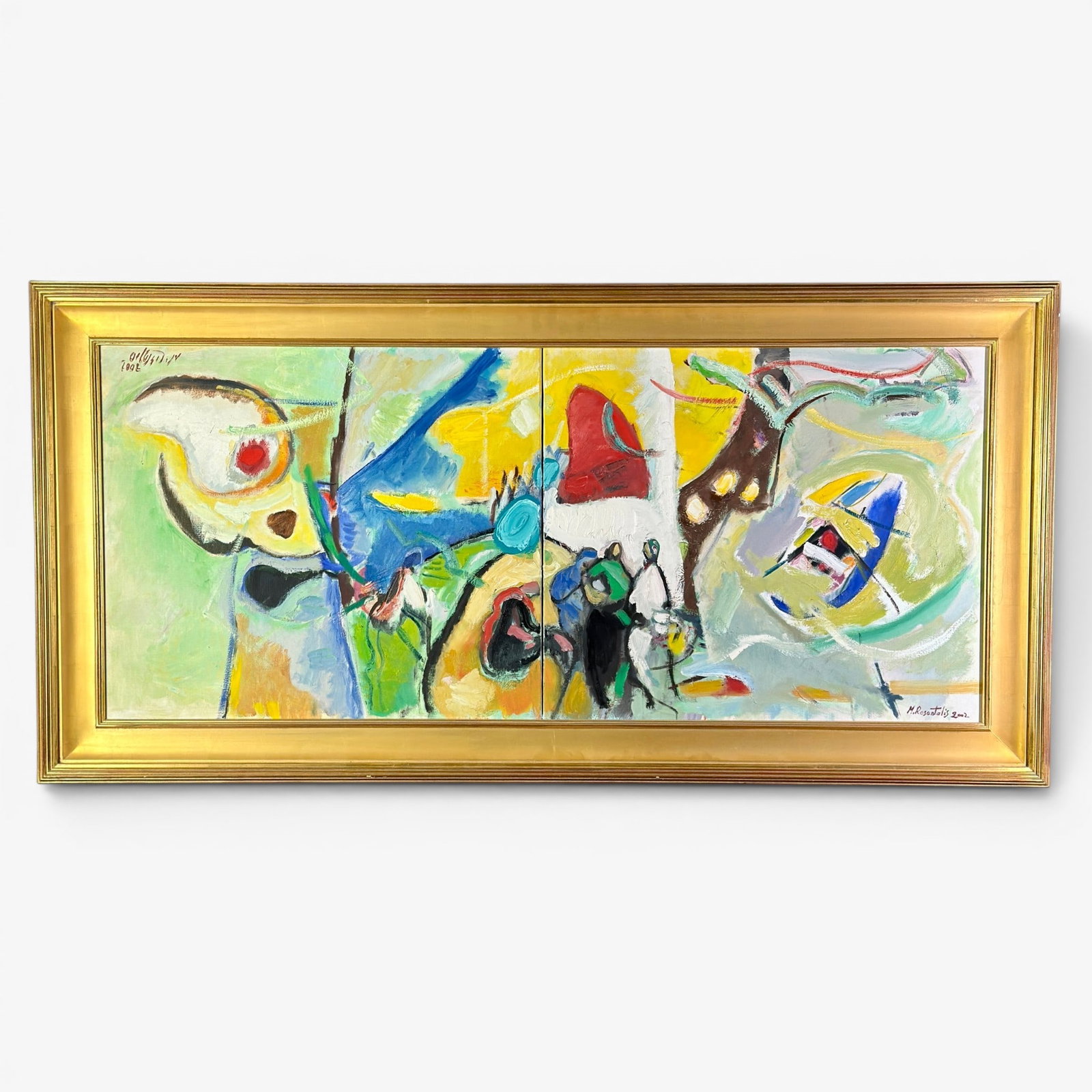 Moshe Rosentalis (Hebrew, 1922-2008) Dyptych: A large and impressive 2008 oil on canvas dyptych by Rosentalis, nicely framed with gallery label to reverse. Signed to the lower right and dated to the upper left. Sight size: 23" ht. x 54" wd.,