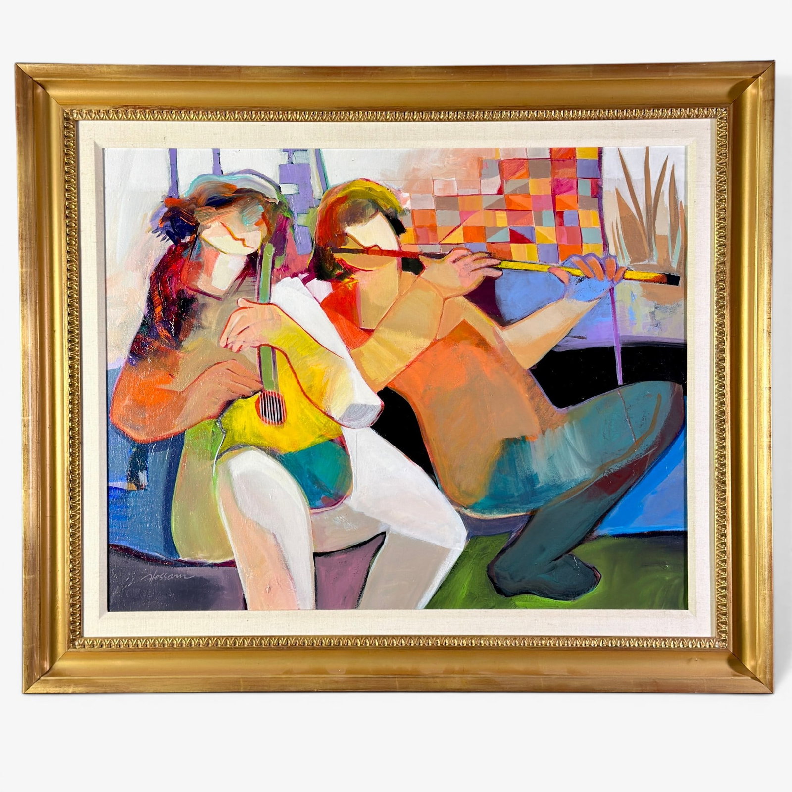 Hessam Abrashimi (Iranian, b. 1951): Oil on canvas titled "Joy of Music". Signed to the lower left and also titled and signed on reverse. Housed in a gilt frame. Sight size: 23" ht. x 29" wd., framed size: 31" ht, x 37" wd.