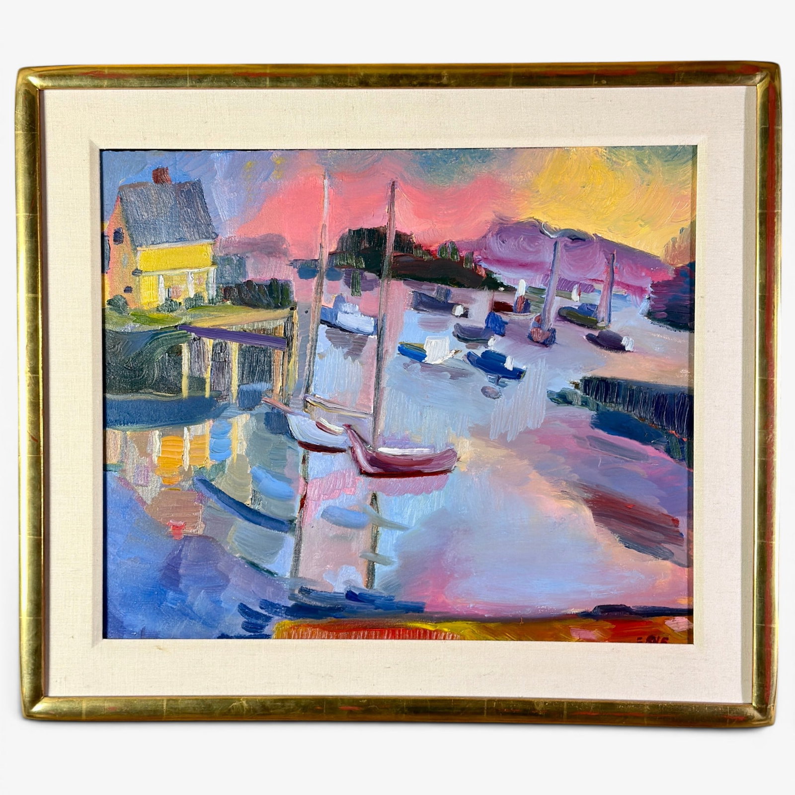 Esther Garcia Eder Oil on Canvas: An abstract marina/harbor scene, oil on canvas signed to the back and signed to the lower right. Housed in a nice frame with linen mat. Sight size: 20" ht., x 24" wd., framed size: 26" ht. x 30" wd.