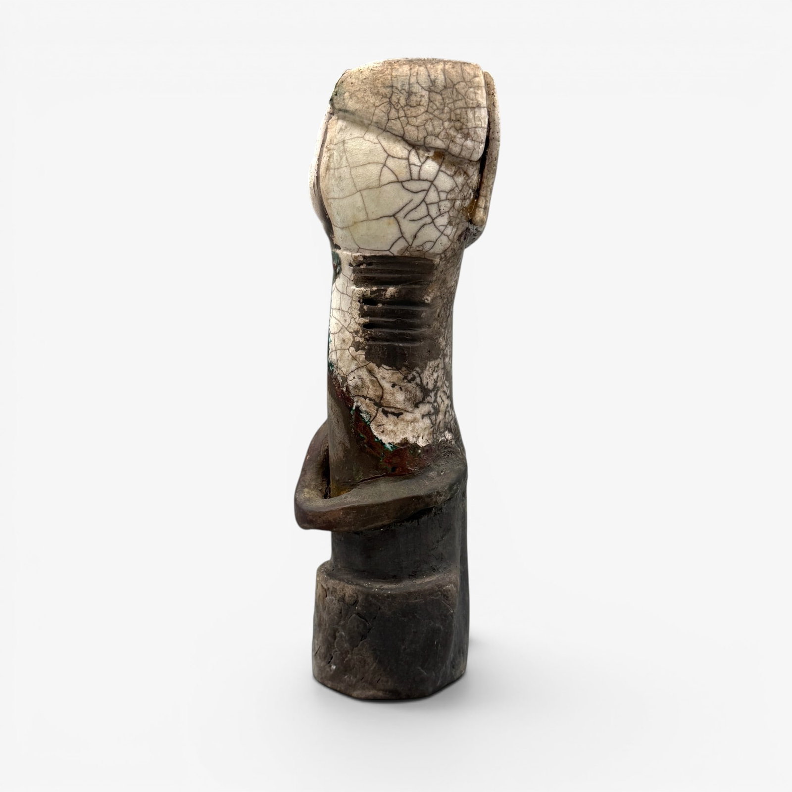 Unusual hand built female human figure,: Handbuilt human female figure with one hand and one breast combined with a nice crackle glaze. Unidentified incised mark. Height 10 5/8