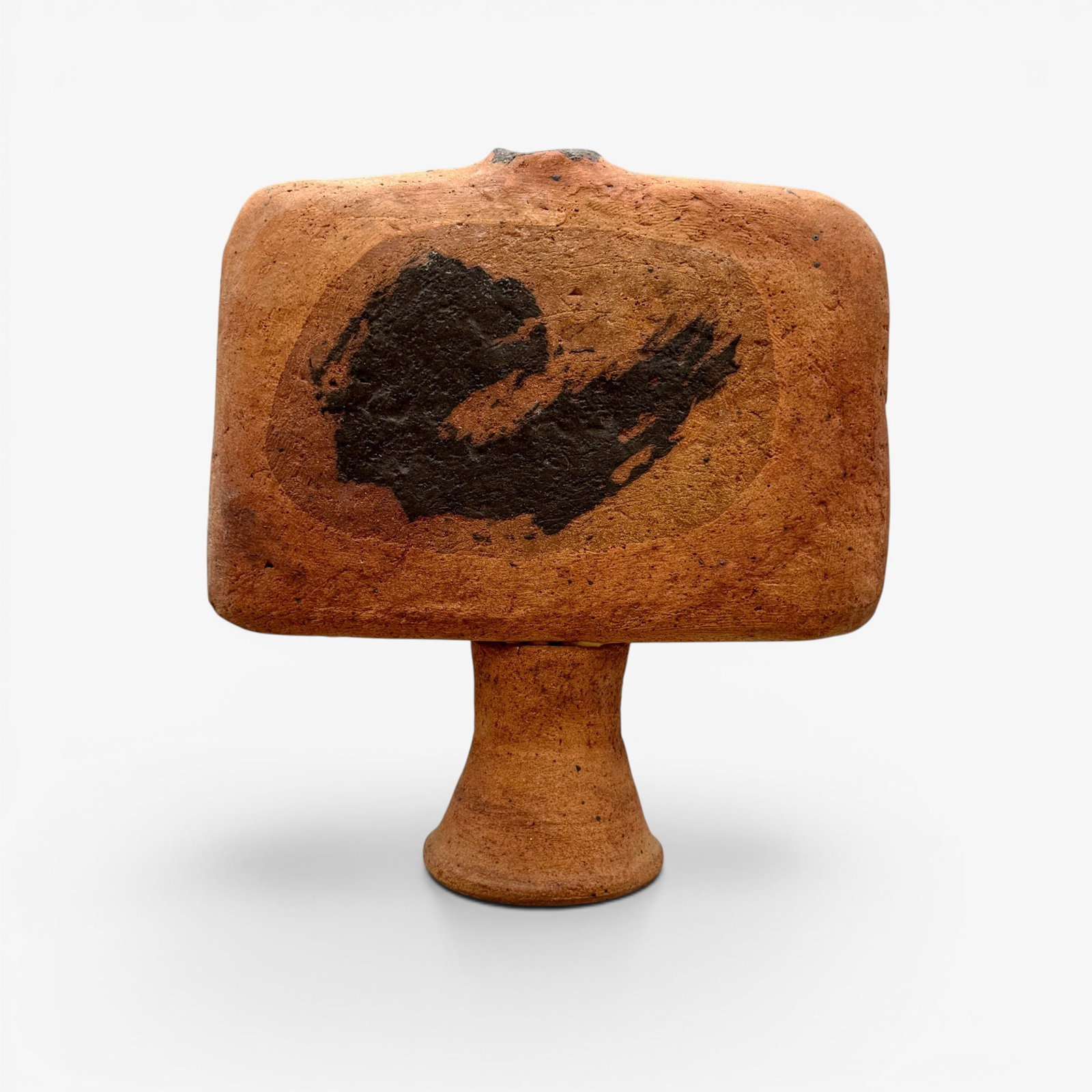 Daniel Rhodes (1911-1989) flat sided vase with pedestal.: Daniel Rhodes (1911-1989) flat sided vase with pedestal done with a darker glaze of each side. Incised Rhodes inside the pedestal. Height 10 3/4 inches, width 9 3/4 inches.