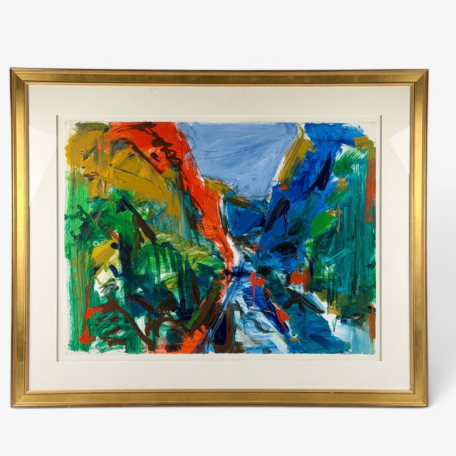 Group of 3 Jack Meanwell Acrylic on Paper Abstracts: Three original works on paper by Jack Meanwell, all acrylic, all signed. Each painting is framed very nicely. Two vertical and one horiztonal. Sheet size of each: 22.5" x 30", framed size: 32" x 39.5"