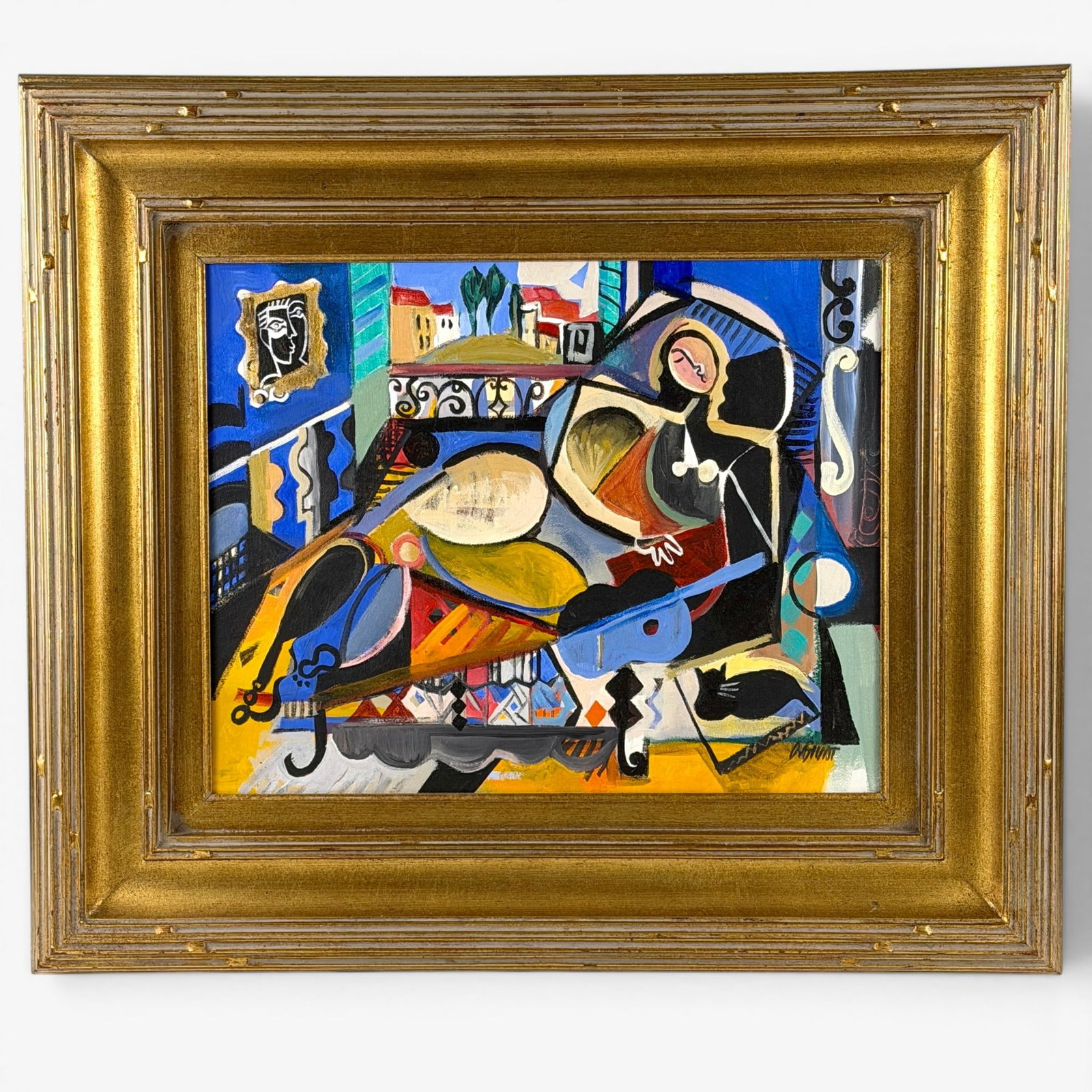 Pair of Modernist Paintings, Giust and Bezambes: One oil on board still life by Roger Bezambes, signed to the lower right. Additionally, one work by A. Guist in the stly eof Picasso depicting figure inside playing a blue and black guitar. Framed siz