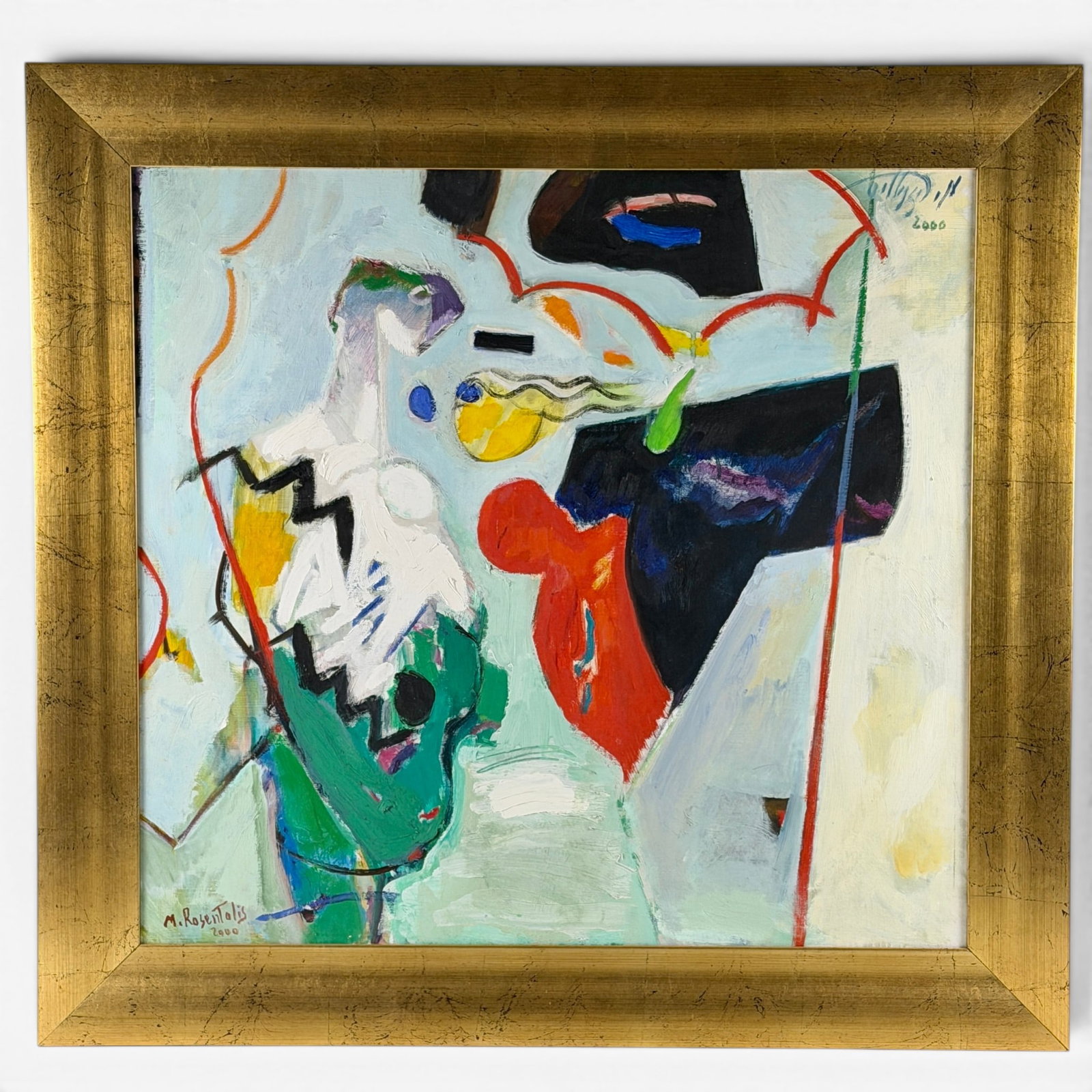 Moshe Rosentalis (Israeli, 1922-2008) Oil on Canvas: An abstract oil on canvas with figure, signed to the lower left and dated 200. Titled "Fingers under Parasol" Sight size: 27.5" ht. x 29.5" wd., framed size: 34.5" ht. x 36.5" wd.