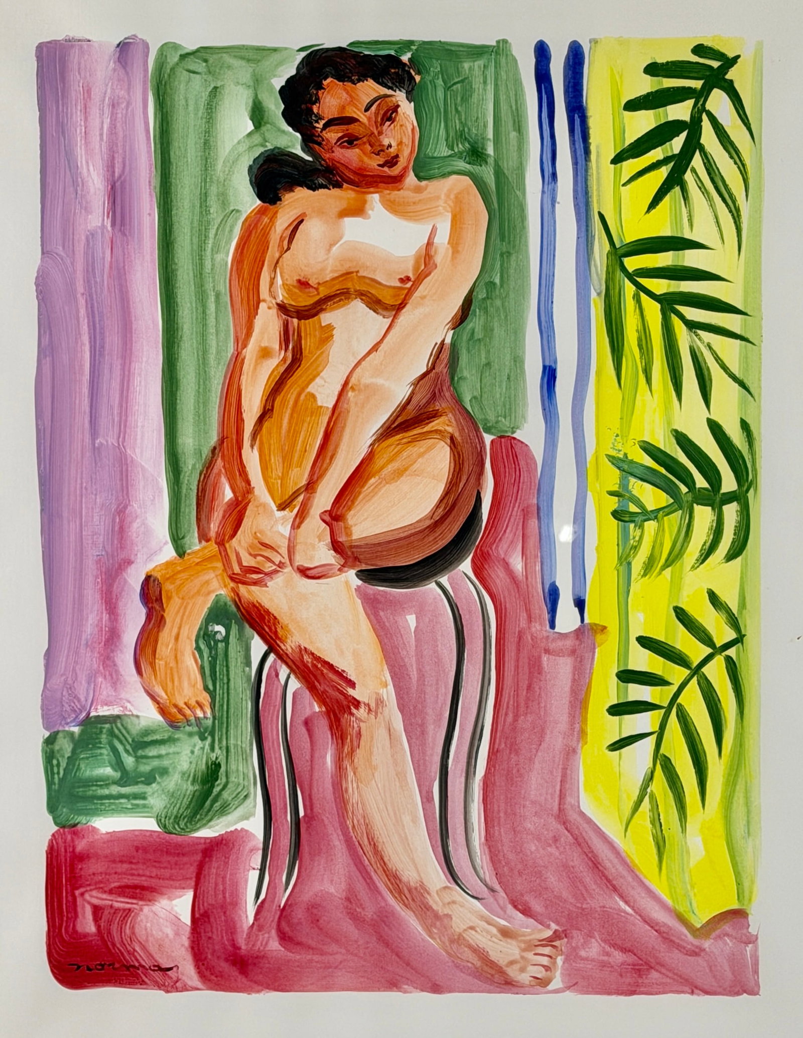 Modernist Lithograph by Norman: Signed in the plate by Norman. A view of a nude woman sitting on a chair. Framed size: 26" ht. x 22" wd.