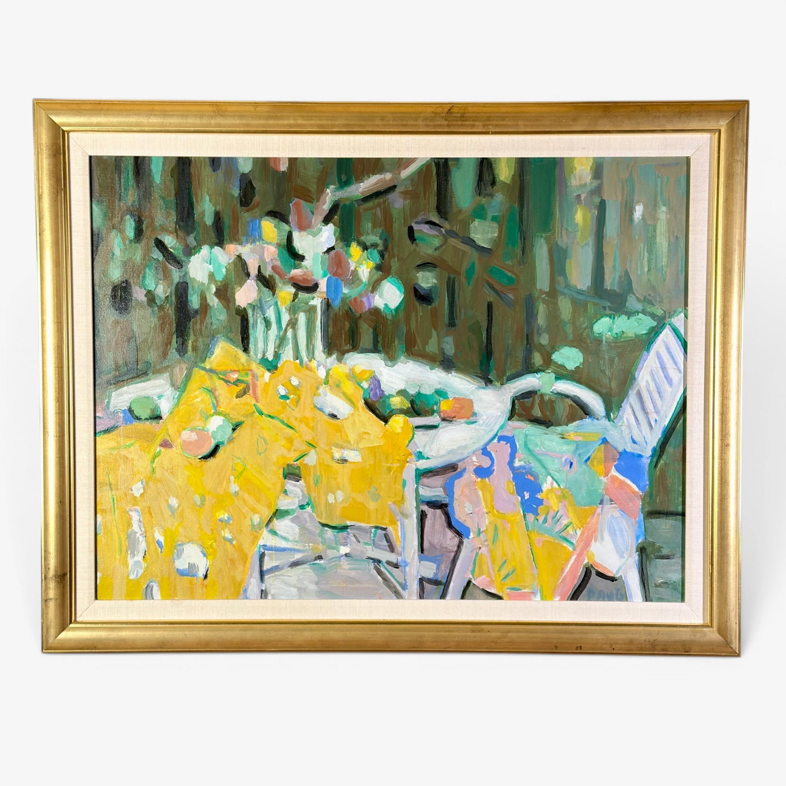 Pang Jen Oil on Canvas Abstract Still Life: A large oil on canvas abstract still life by Chinese artist, Pang Jen (Jen Pang). Signed to the reverse. Sight size: 29" ht. x 39" wd., framed size: 36" ht. x 46" wd.