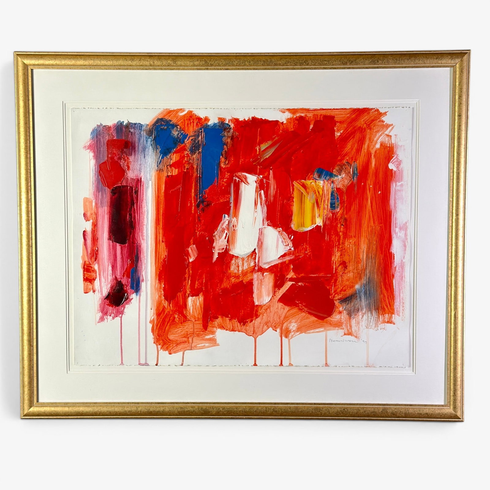 Jack Meanwell Acrylic on Paper, Framed: An abstract painting by Meanwell, acrylic on paper, signed to the lower right and dated 1999. Sight size: 23" ht. x 30" wd., framed size: 32" ht. x 39" wd.