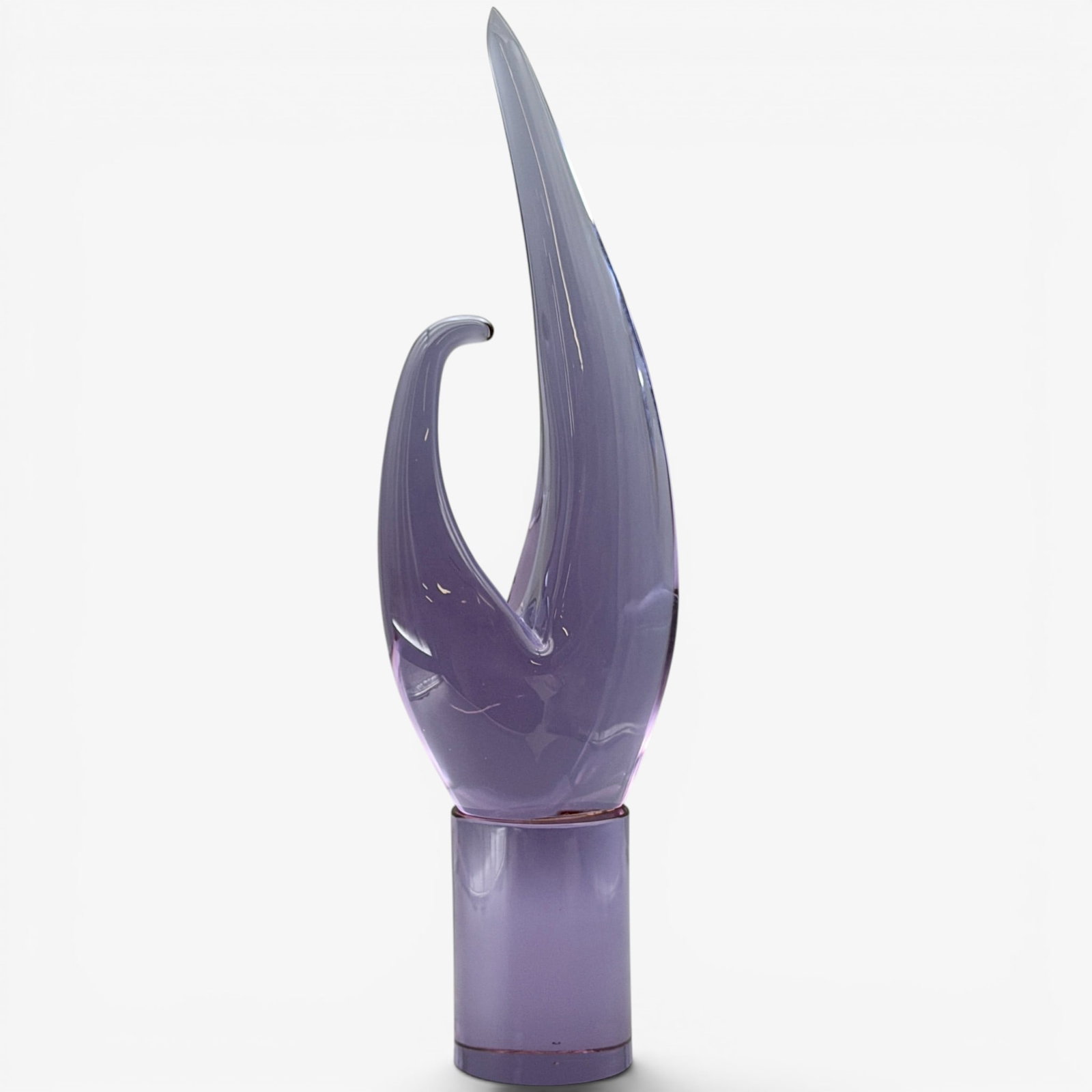 Murano Lavender Glass Flame Sculpture: Murano glass, Venice. A large flame sculpture in lavender tone, replete with receipts from Murano from the 70s. Ht. 21.5".