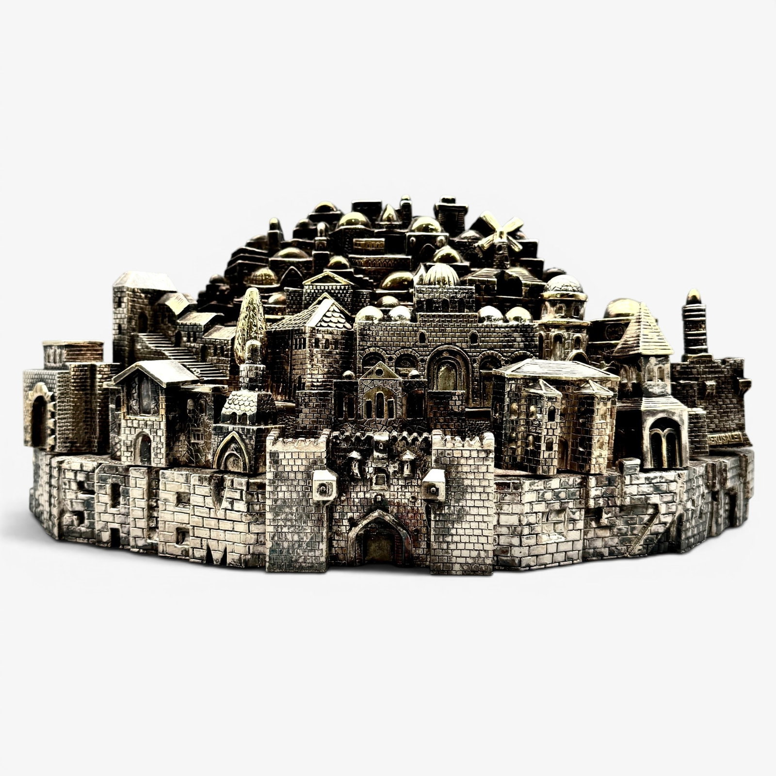 H. Karshi, Jerusalem Sculpture: Marked for 925 sterling but the metal does not consist of 925 sterling, rather it is a composite metal with little silver content. Height: 7"
