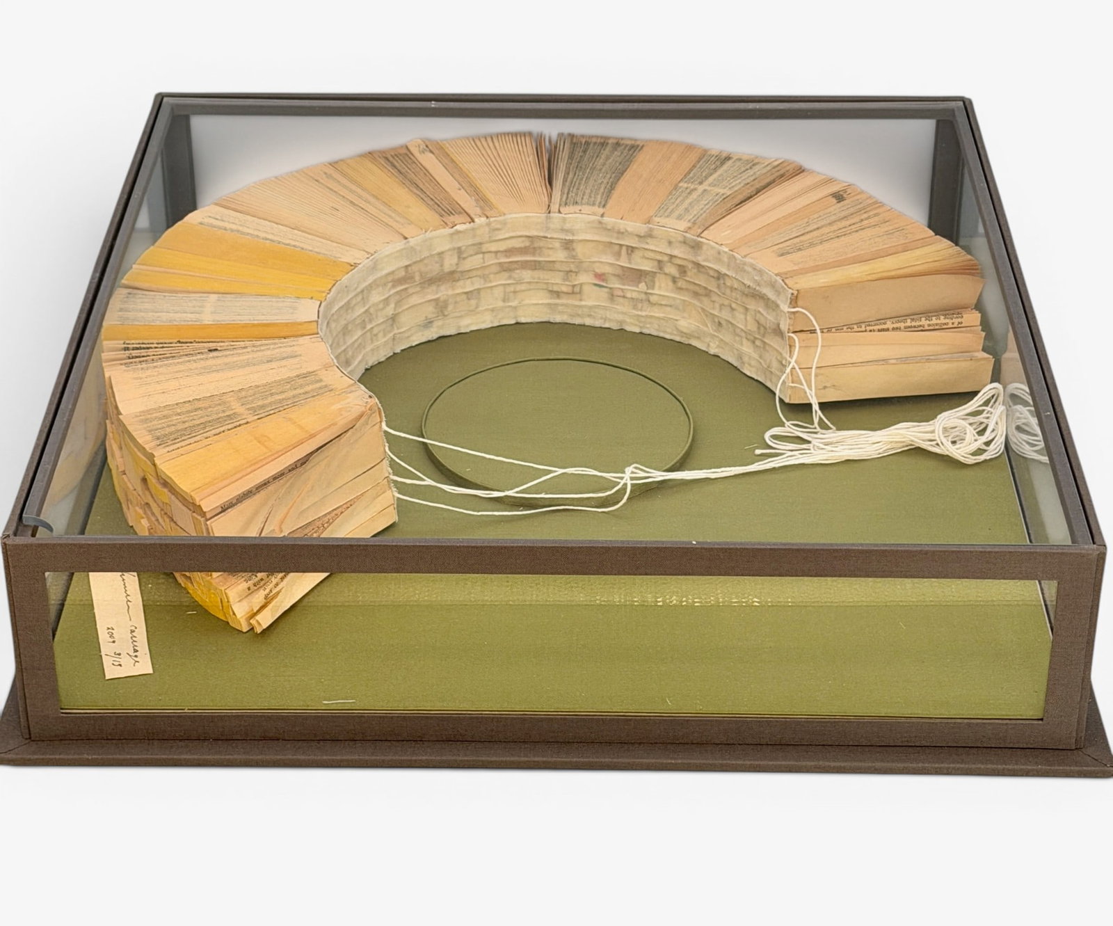 Ann Hamilton (American, b. 1956): "Carriage" Construction of books, book binding, string/twine Housed in a custom glass display case Signed and dated