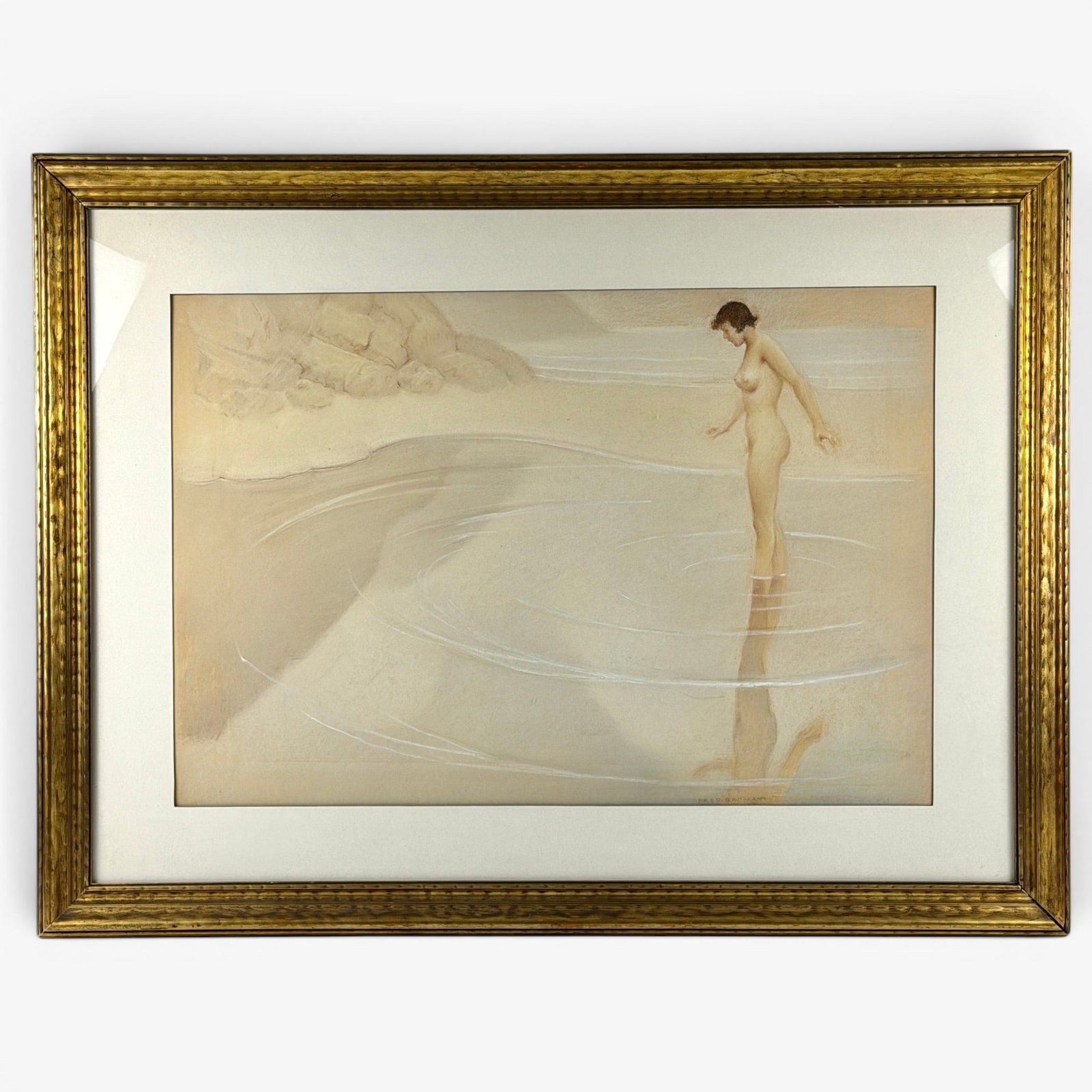 Fred Baumann mixed media, "Nude on the Beach.": Fred Baumann mixed media, "Nude on the Beach". Signed lower right. Sight size 18 7/8 by 28 inches. With mat and frame, size is 28 3/4 by 37 3/8 inches.