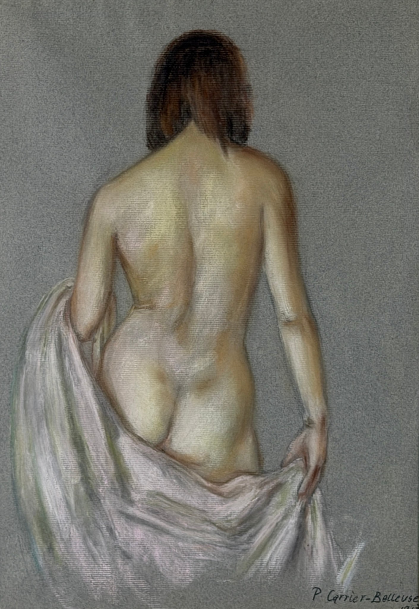 Pierre Carrier-Belleuse pastel, female nude.: Pierre Carrier-Belleuse (1851-1932) Paris, France. Pastel on paper of tasteful, partially draped female nude. Signed lower right. Site size 16 by 11 1/4 inches. With linen liner and new frame, size