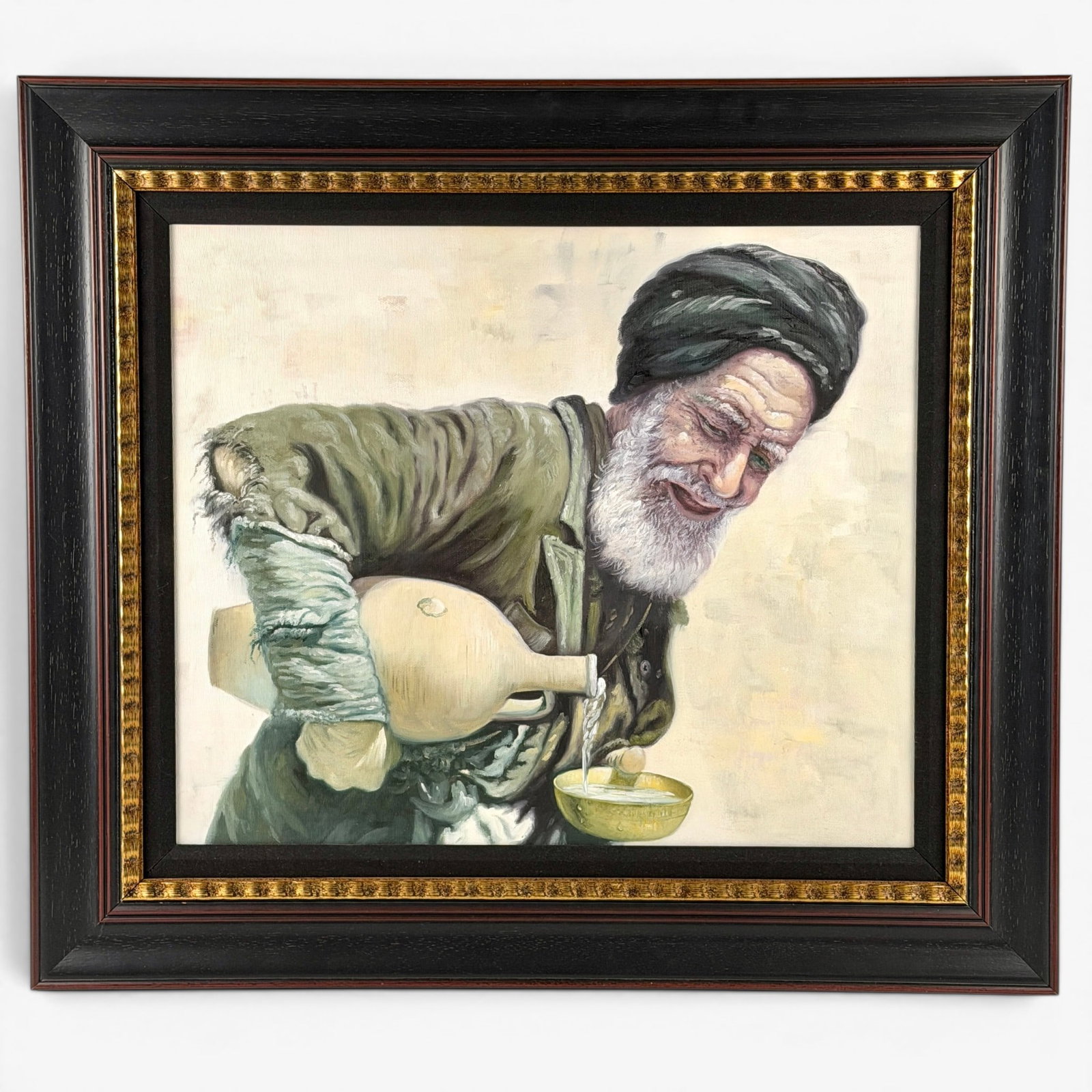 Modern painting of elderly gent pouring water. Unsigned: Oil on canvas showing an elderly man with gray beard and black turban pouring water into a bowl from a ceramic jug. Unsigned. Sight size is 19 by 22 3/4 inches. With frame, size is 27 5/8 by 31 1/4