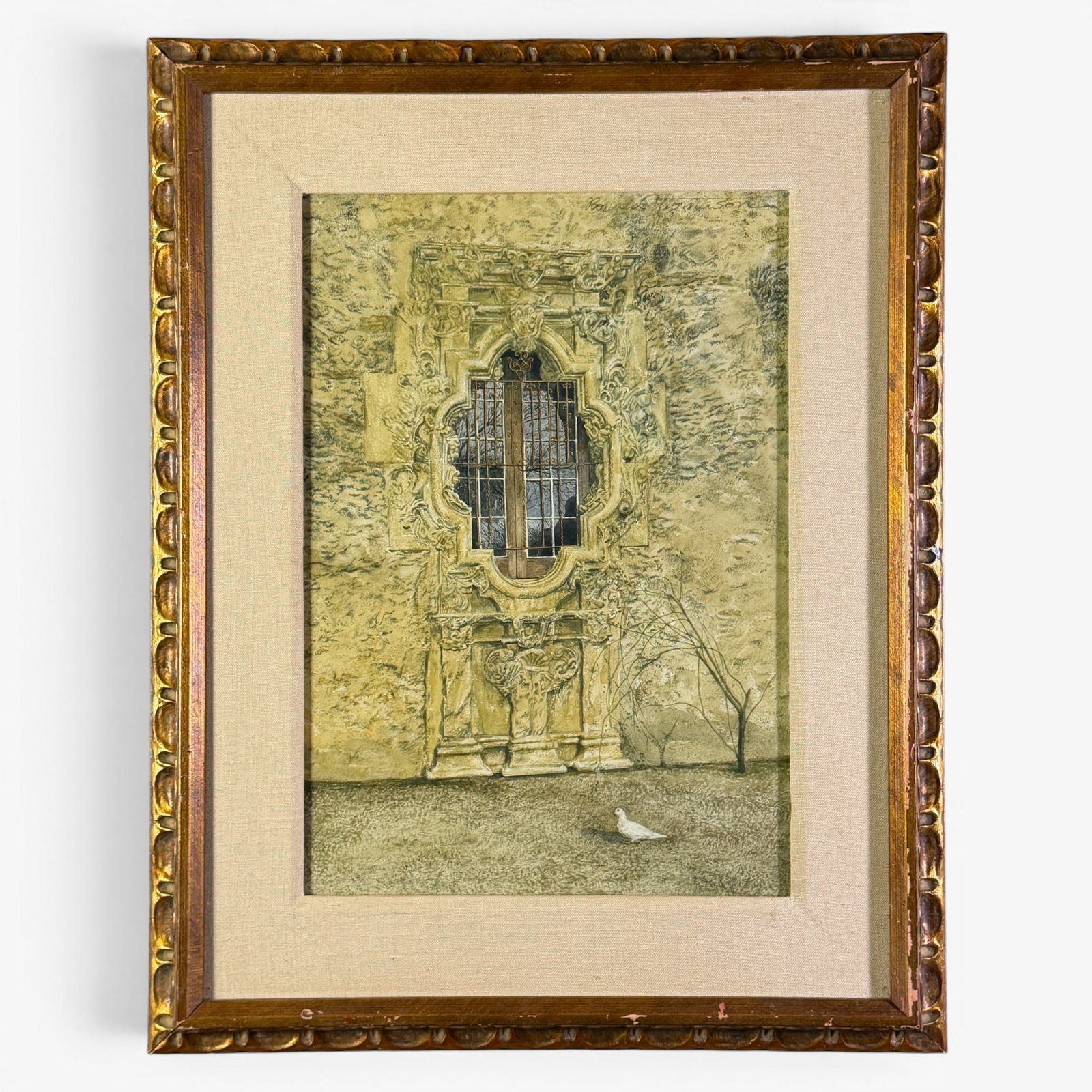 Ronald Thomason (1931-2011) Texas and Oklahoma, drybrush-watercolor.: Ronald Thomason (1931-2011) drybrush-watercolor entitled "The Rose Window" featuring an exaborate window set in a carved stone wall with a white dove walking on the ground below. Sighed Ronald Thomaso