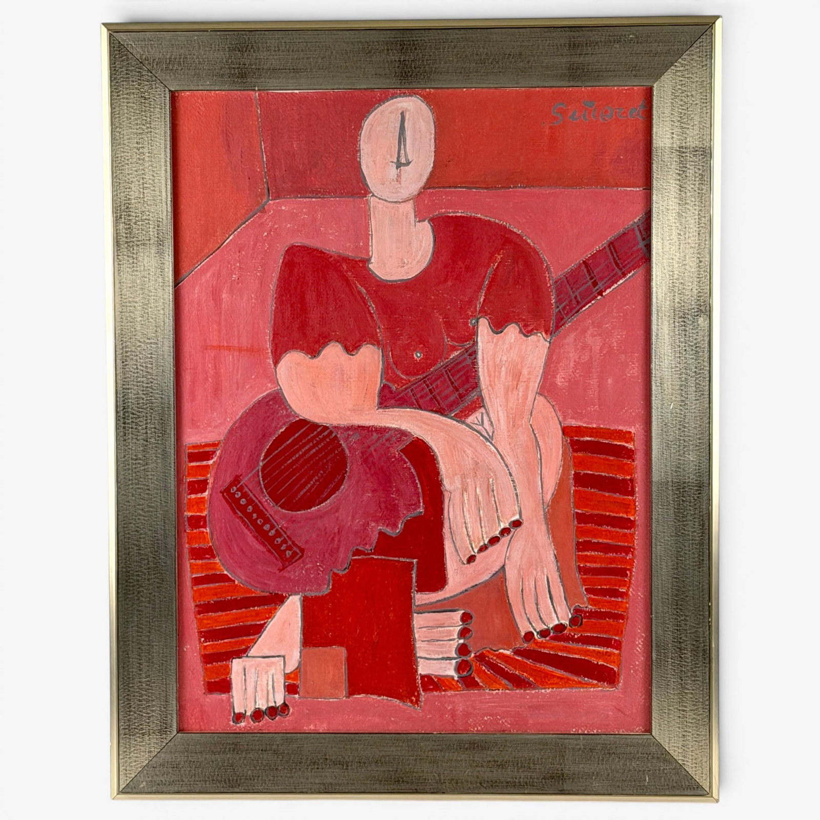 Oil on board, "Guitar Player" illegible signature.: Modern oil on board painting of a guitar player, signed upper left but with a signature we cannot cecipher, even with Chat GPT. Sight size is 23 5/8 by 17 1/2 inches. With new frame, size is 28 1/2