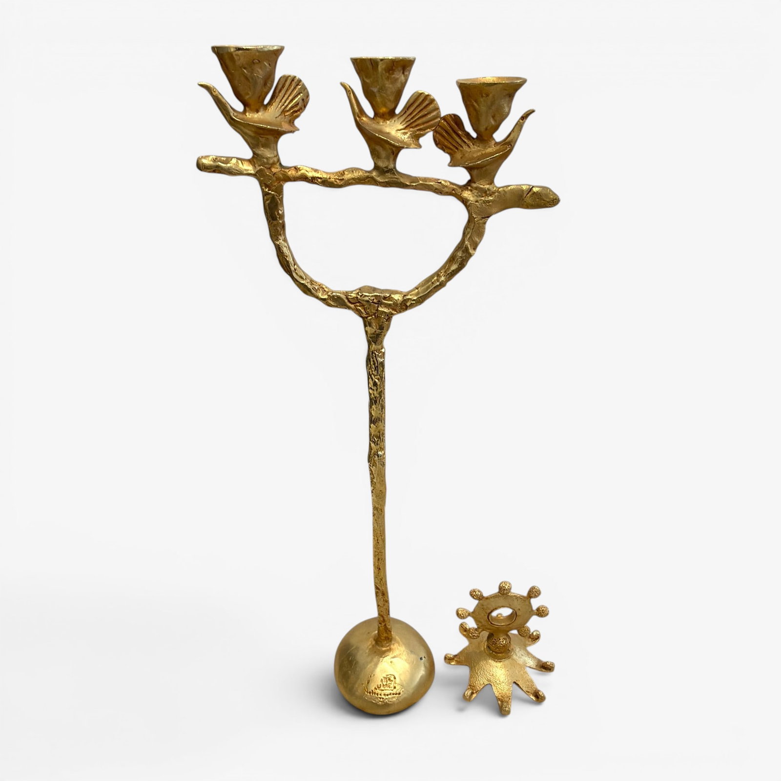 Pierre Cazenove bronze Candleabra and Star for Fondica, France.: Two Pierre Cazenove bronze items with dore finish. 1. Tall candelabra with small bird bobeches.2. Star shaped figure. Both have the impressed Casenove Fondica, France mark. Height of candleabra is 28