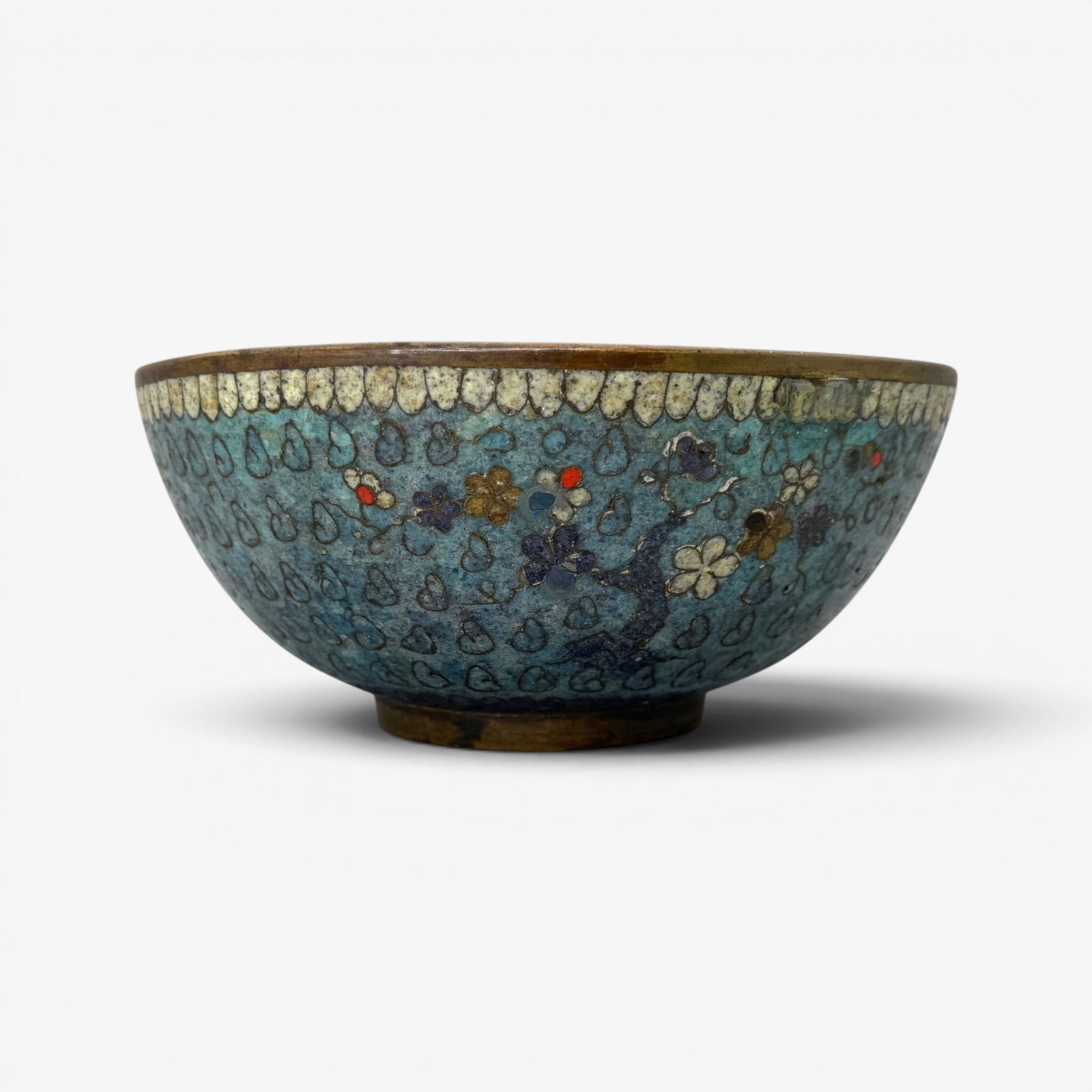 Ming Period Cloisonne Bowl: 17th century, floral and branch decoration to interior and exterior. Ht. 2.75", diameter 6.25".