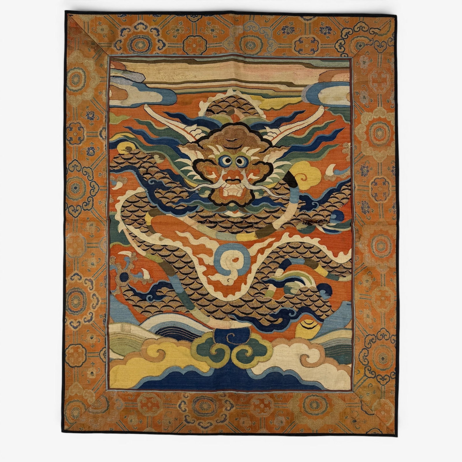 Chinese Kesi Dragon Panel: Ming period, with central dragon Kesi panel and bordering silk. 29.75" x 23".