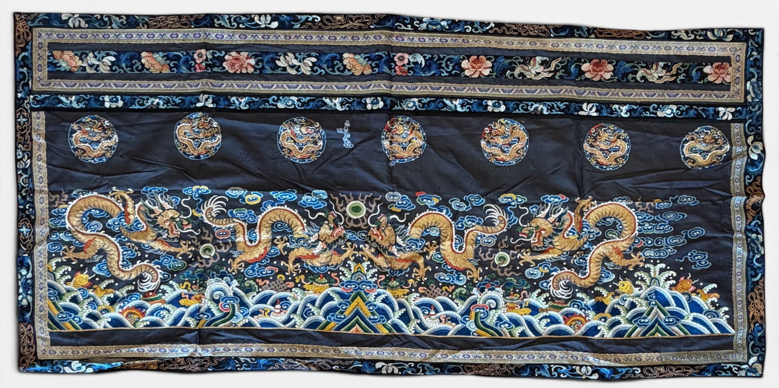 Qing Dynasty Embroidered Rober Skirt Panel: Likely meant for the skirt of a robe, a large panel with waves, dragons, and roundels above, along with a strip of floral embroidery. Total size 31" x 66".