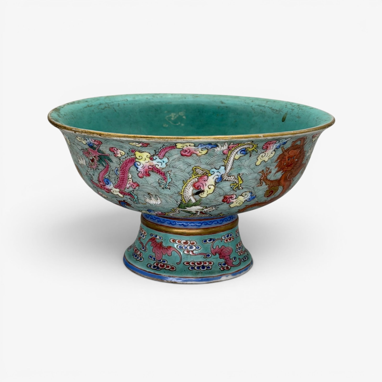 Daoguang Period Raised Porcelain Bowl with Dragons: Dauguang siz character mark in red, with border, a period porcelain bowl with turquoise ground. Ht. 4.25", diameter 7.5".