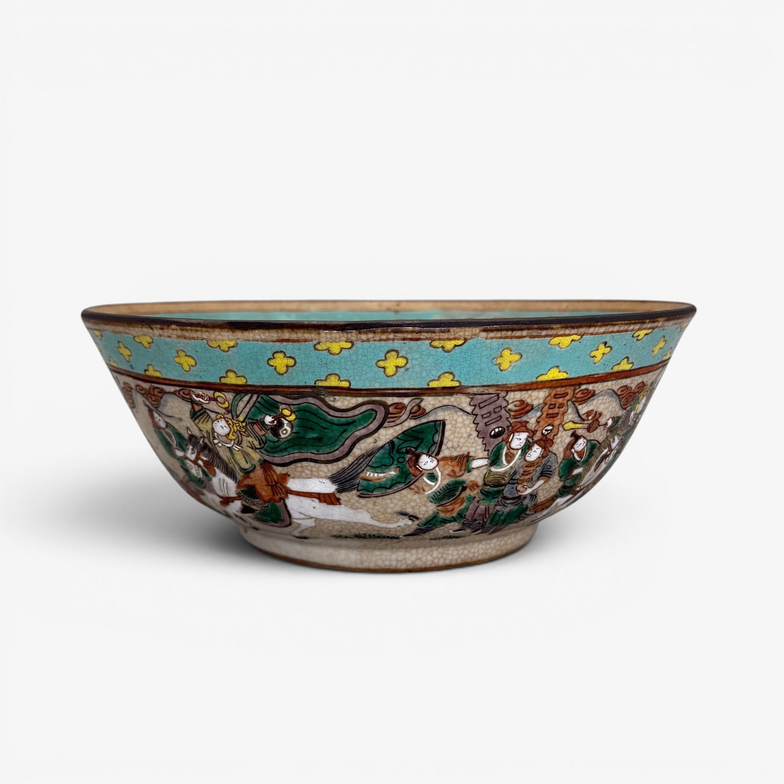 "Cracked Ware" Famille Rose Chinese Bowl: Chinese, 19th century, a cracked ware tan ground bowl with enamel decoration of warriors in the surround. Ht. 4", 10.5" diameter.
