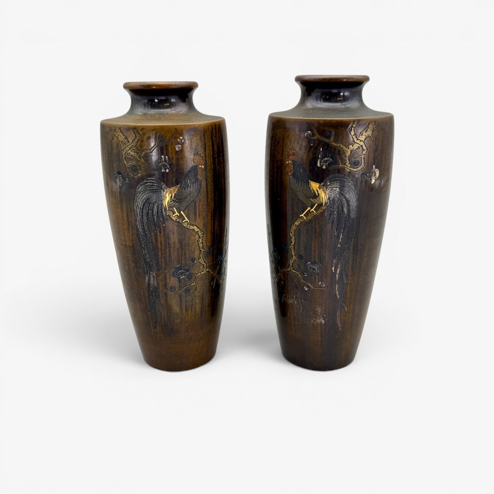 Pair of Japanese Mixed Metal Vases: Each Meiji period, with mixed metal inlay. Each marked to underside. Ht. of each 5".