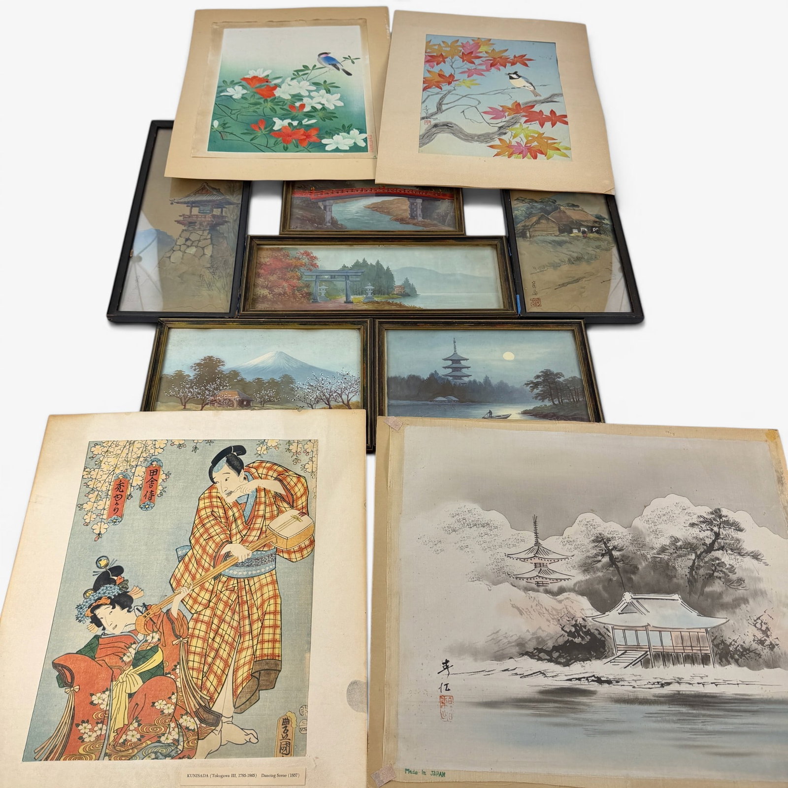 Japanese Woodblock Prints and Framed Watercolors: A nice collection of watercolor/gouache works by Japanese artists. Including 6 framed watercolors by varying artists and a pair of woodblocks by Bakufu Ohno.