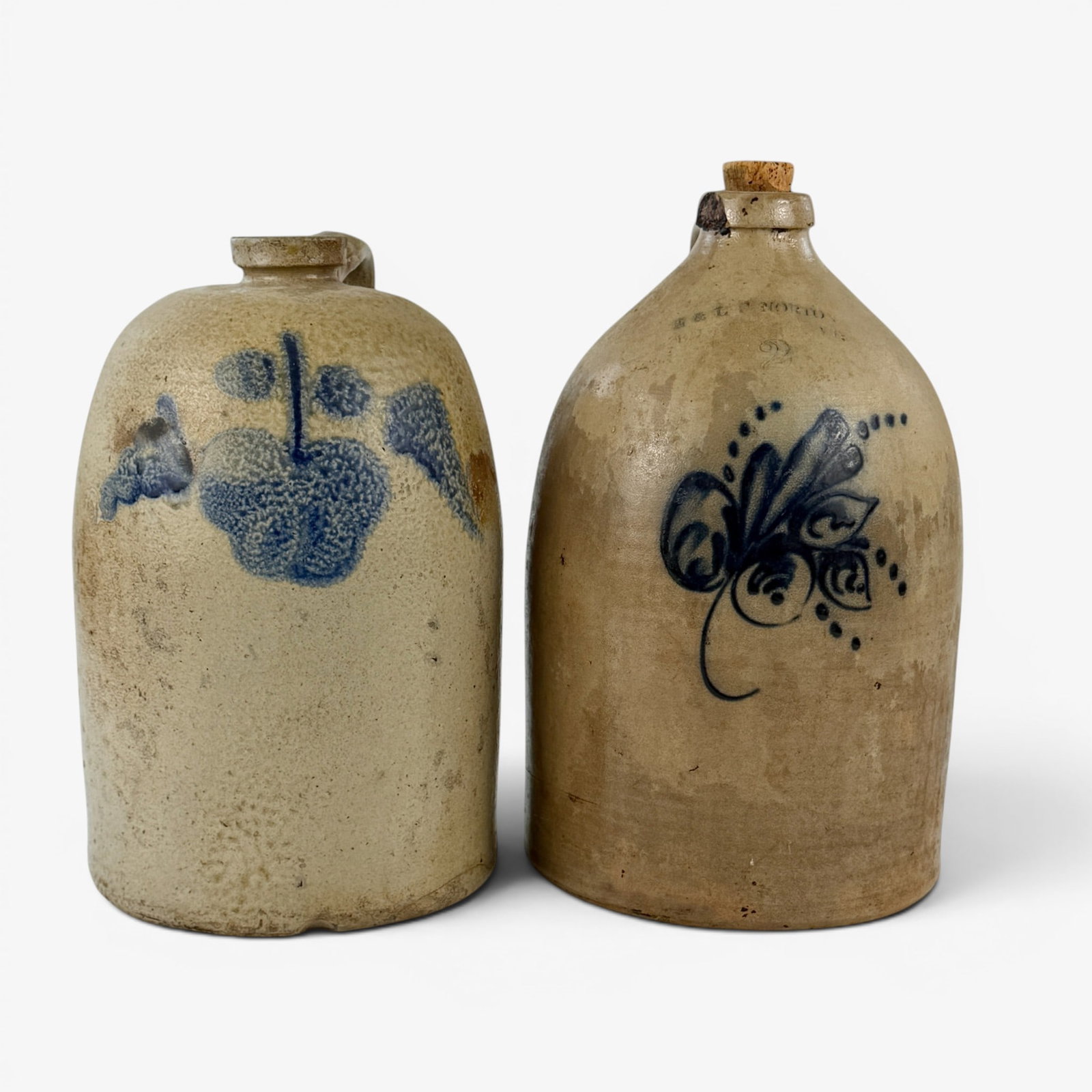 Pair of Cobalt Stoneware Jugs, Including Morton: A pair of 2 gallon stoneware jugs, including one E & LF Morton. Tallest ht. 15".