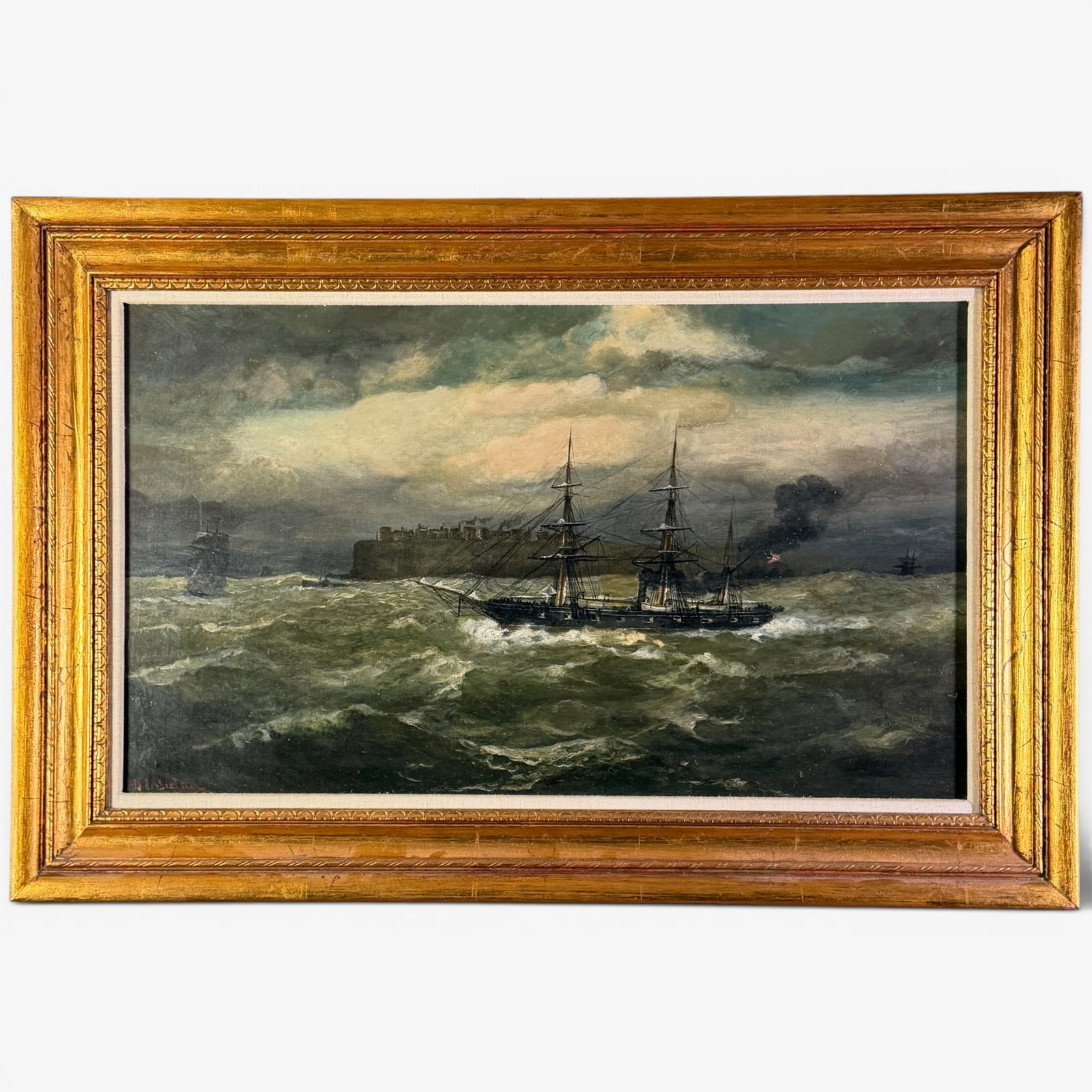 Revolutionary War Oil, Ships Attacking Fort: Oil on canvas of masted ships in a harbor, preying on an elevated fort or town. An american flag flies in the distant shoreline and smoke billows. Signed "D L Julius" or similar to the lower left. 17"