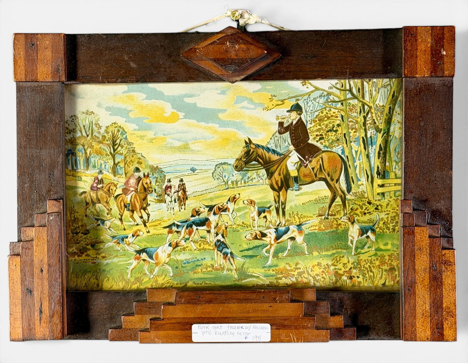 Pair of Folk Art Framed Items: Including a carved frame with offset lithograph hunting scene, and a 19th century memorial example with dries floral and leaves, dated 1855. Largest 11" x 16".