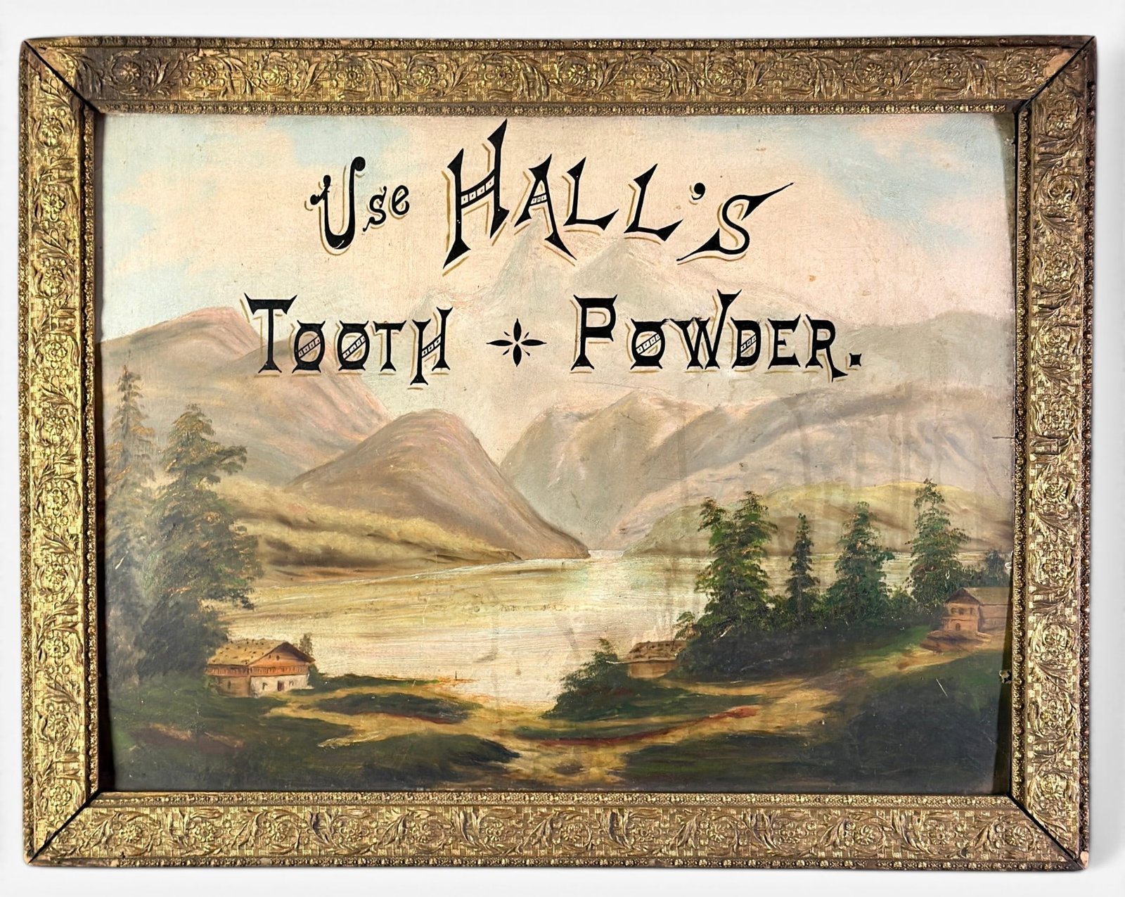 Hall's Tooth Powder Oil Painting Advertisement: Oil on board, a framed landscape with "Hall's Tooth Powder" in lettering to sky, in gilt and gesso frame. 22" x 28" (framed).