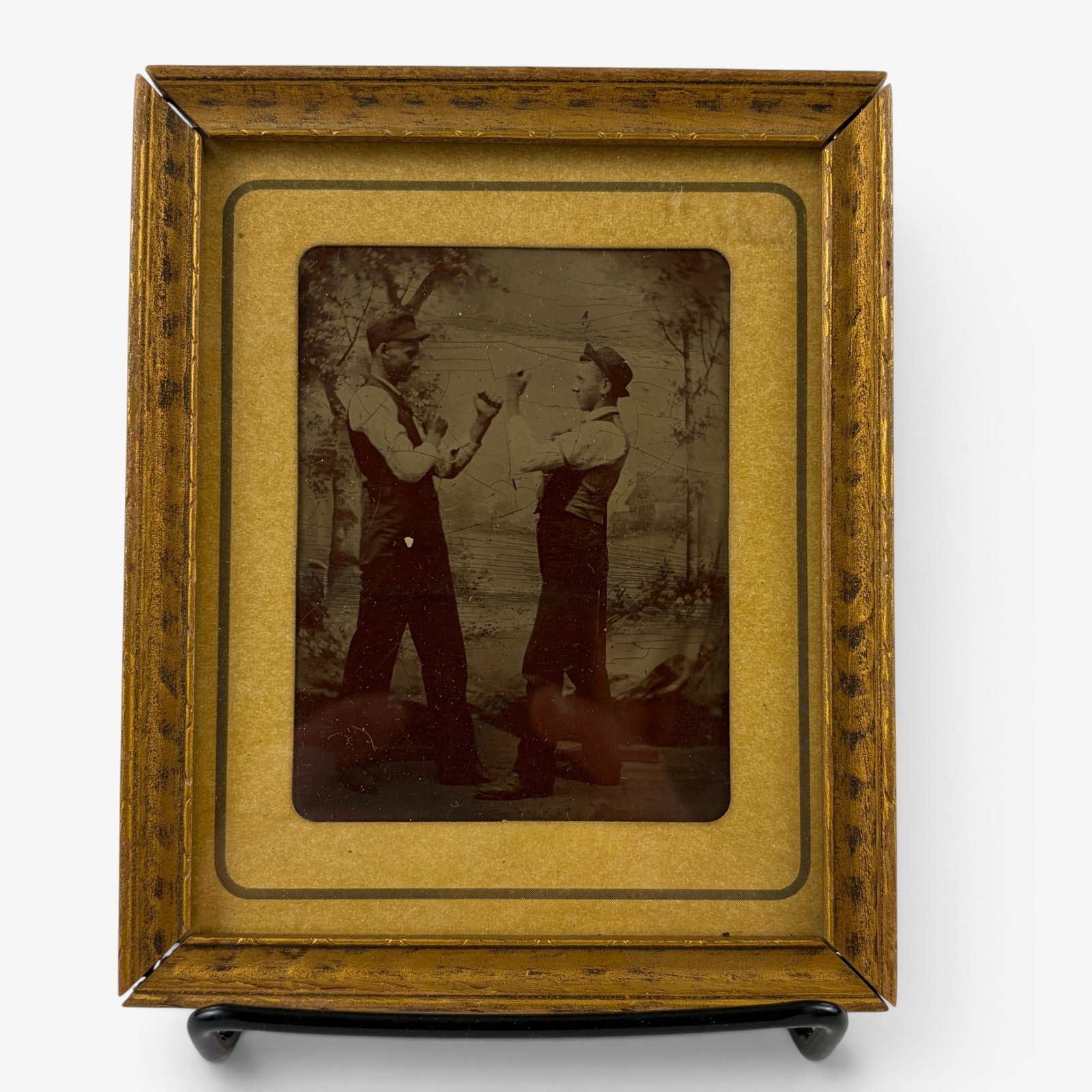 Early Tintype Depicting Pugilists: Showing two men/puglists on a farmstead holding up fisticuffs