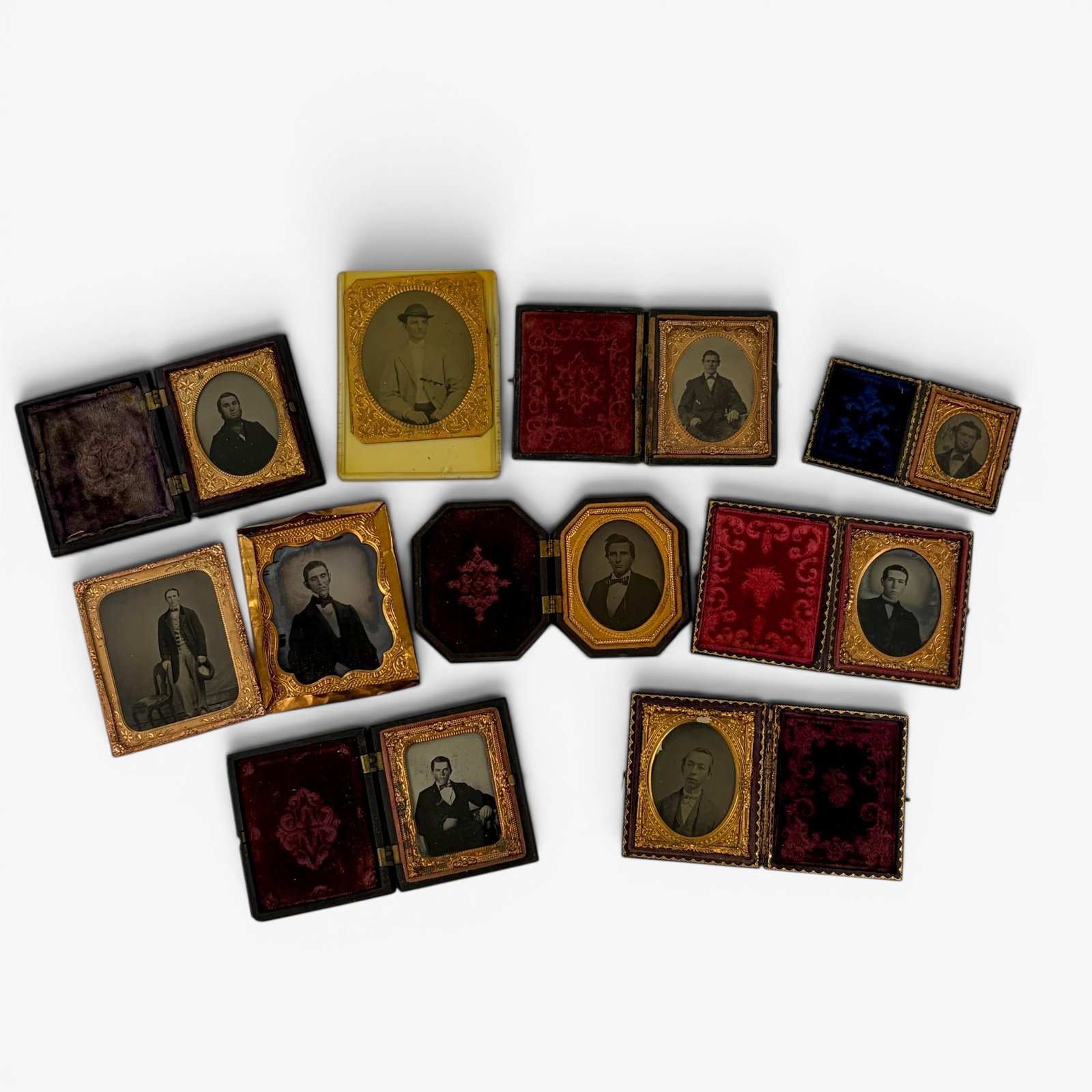 Group of 9 Cased Images / Tintypes: All depicting young men, mostly tintypes but also includes ambrotypes