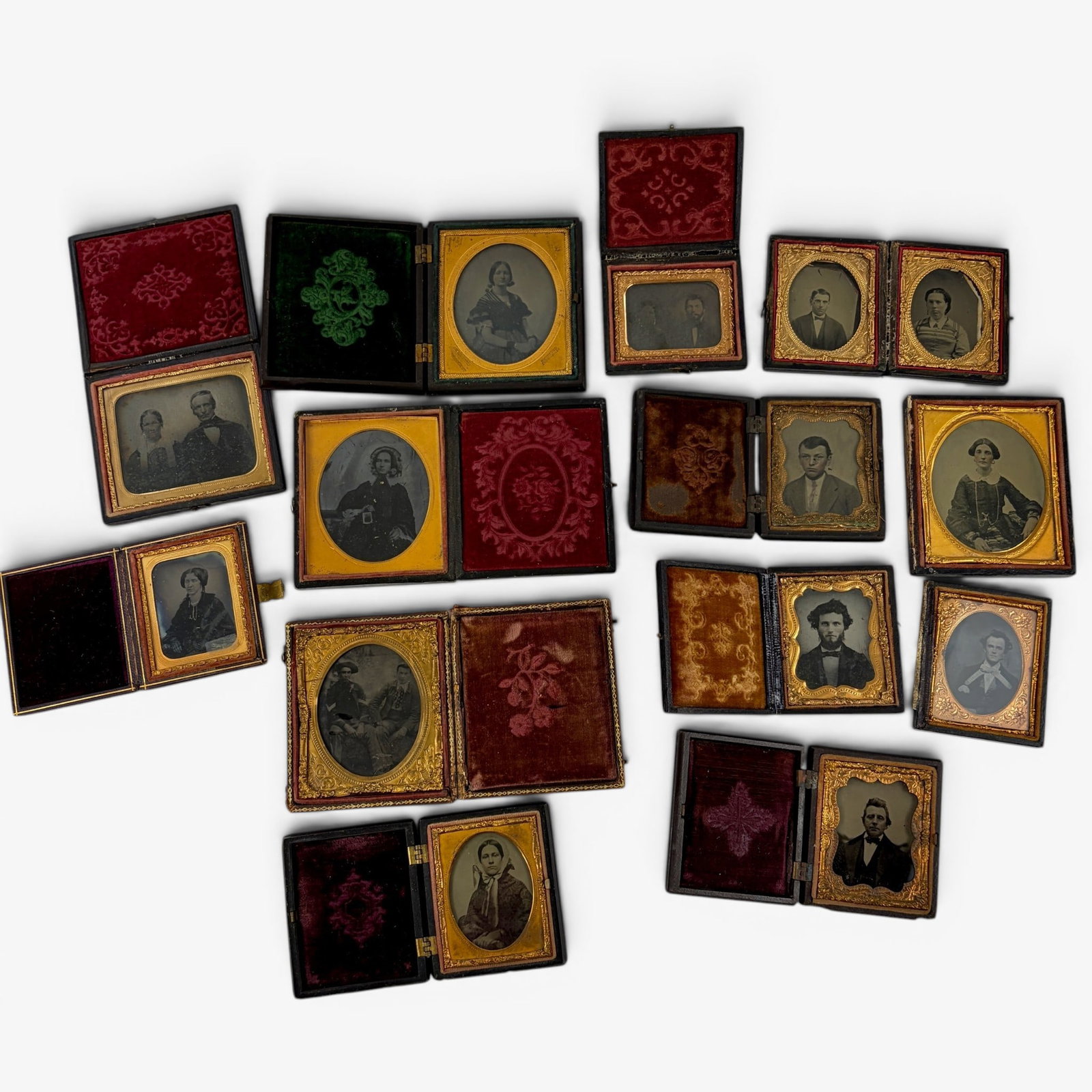 Group of Cased Tintypes/Ambrotypes: 14 images in total with some wear or loose cases. The majority are tintypes depicting unknown individuals / family photography
