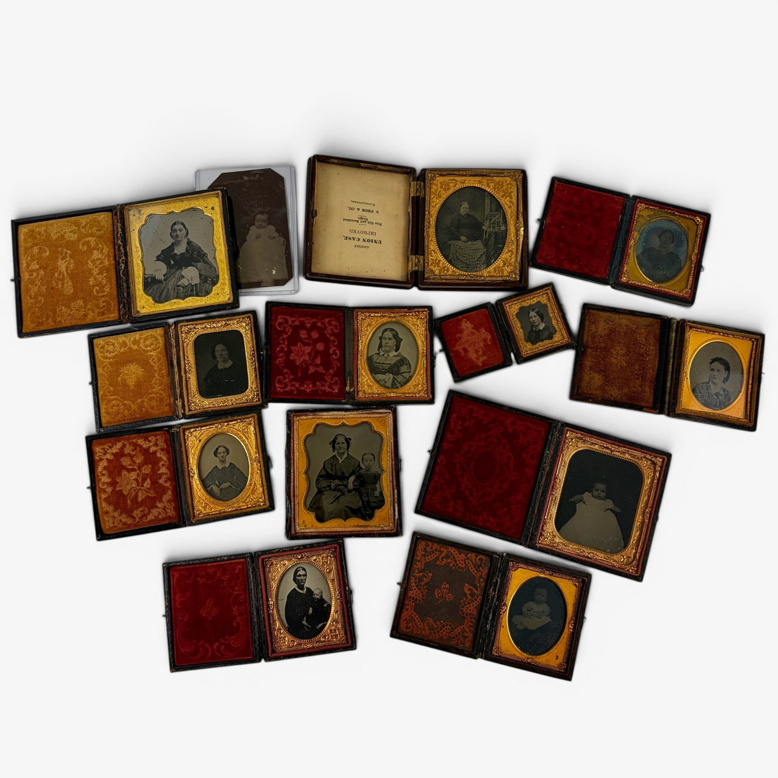 Group of 13 Cased images: 13 images in total, all depicting mothers, women or children. One image of an infant is not encased. Some wear and damage to the cases. Some Union cases.