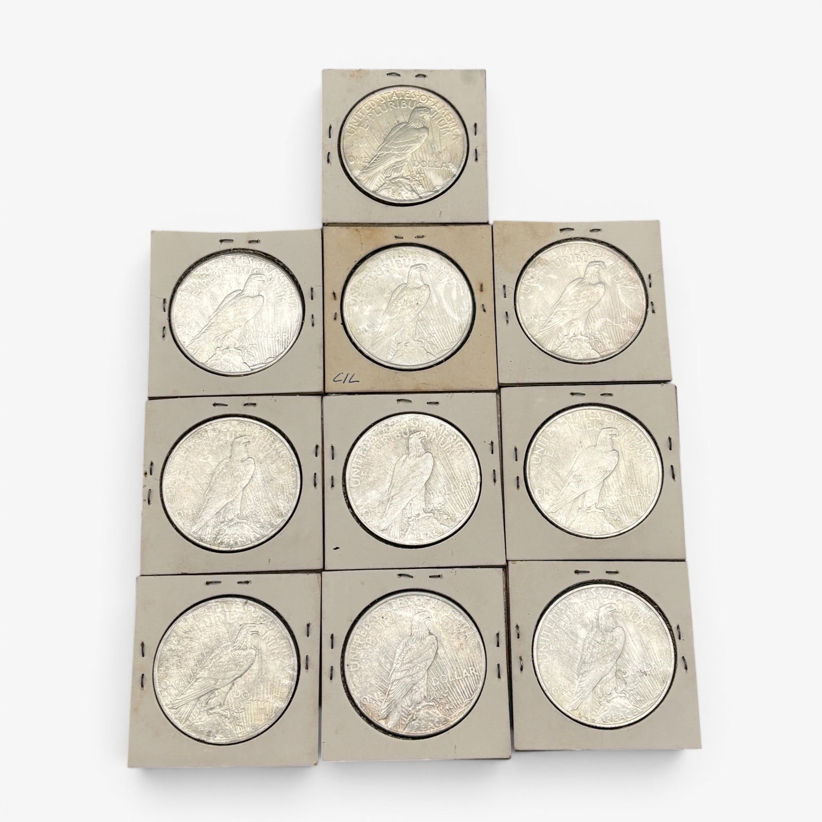 Collection of 1923 Peace Dollars: Ten total Peace dollars, all housed in collector's sleeves, all 1923.