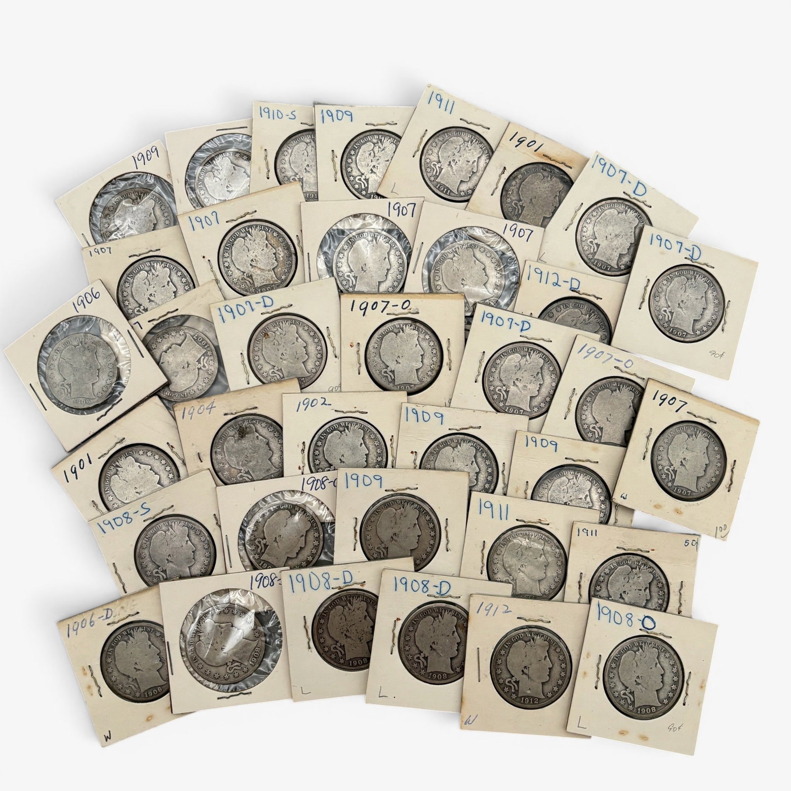 Collection of 37 Silver American Half Dollars: 37 examples in total, all housed in collector's sleeves and in varying states of condition. Years range from 1901-1912