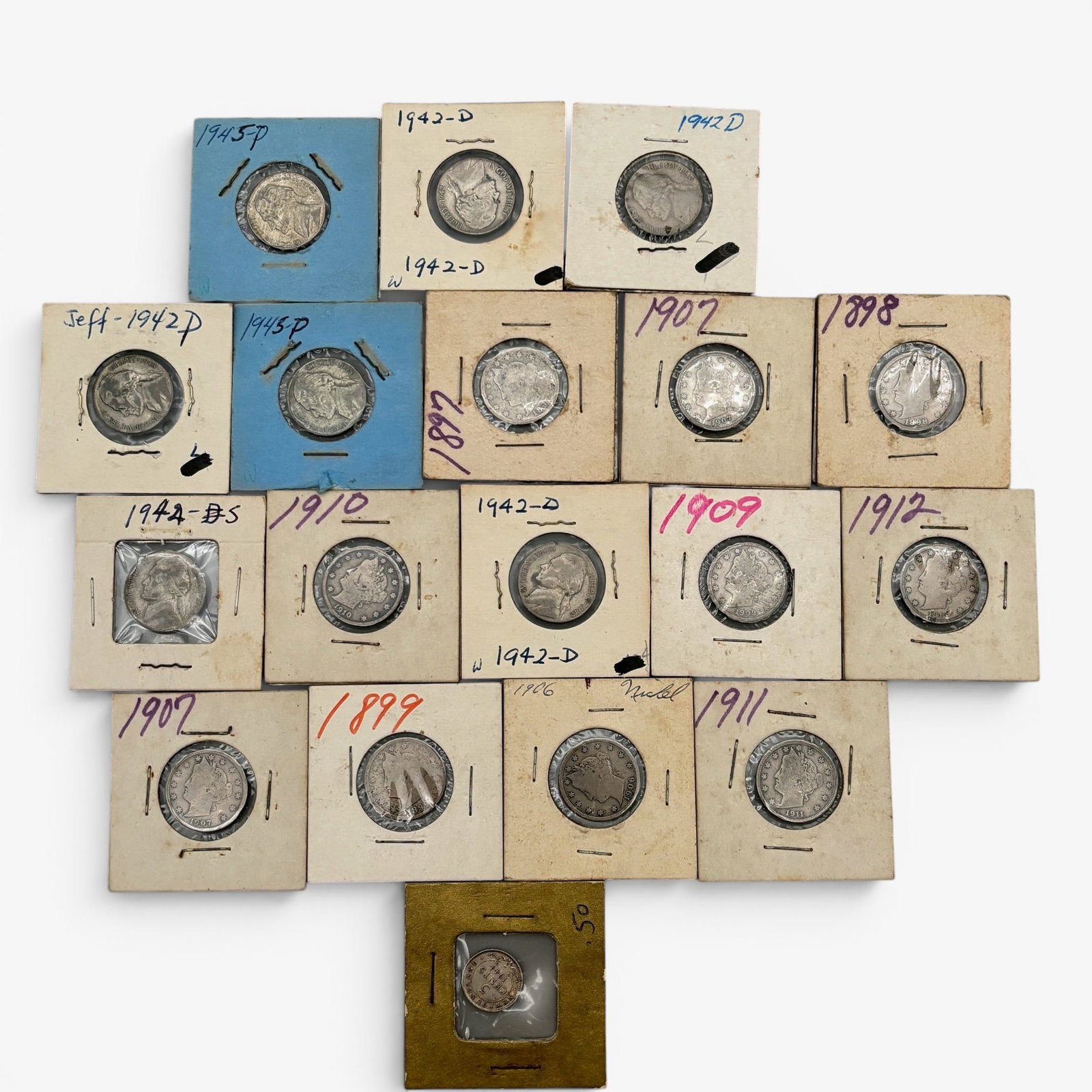 Collection of Early American Five Cent Pieces: 17 nickels in total, many 19th century and some later examples. Also including one Newfoundland five cent piece.